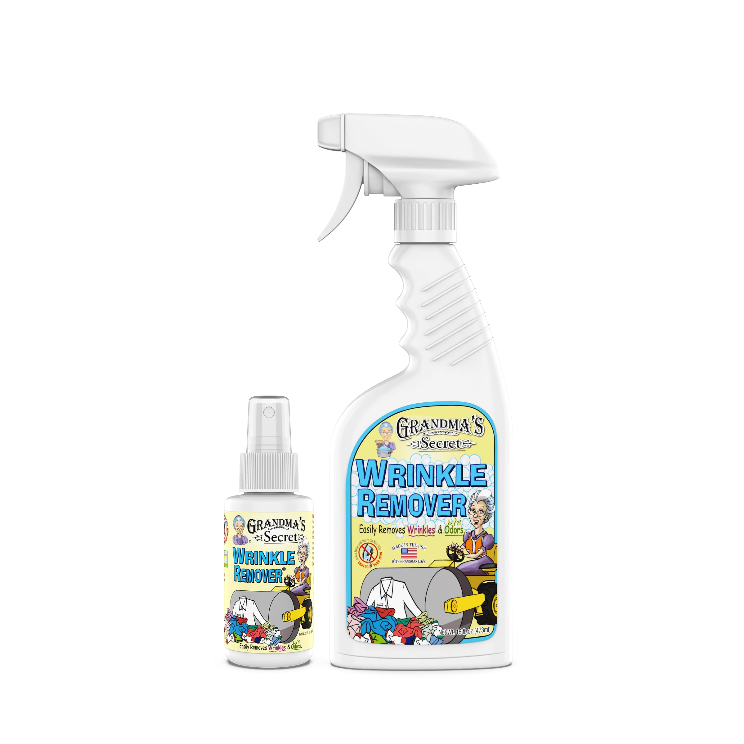 Grandma's Secret Wrinkle Remover - Wrinkle Release Spray, Odor Eliminator, and Fabric Refresher Spray - Chlorine and Bleach Free - 16 oz & 3 oz Travel Size Combo