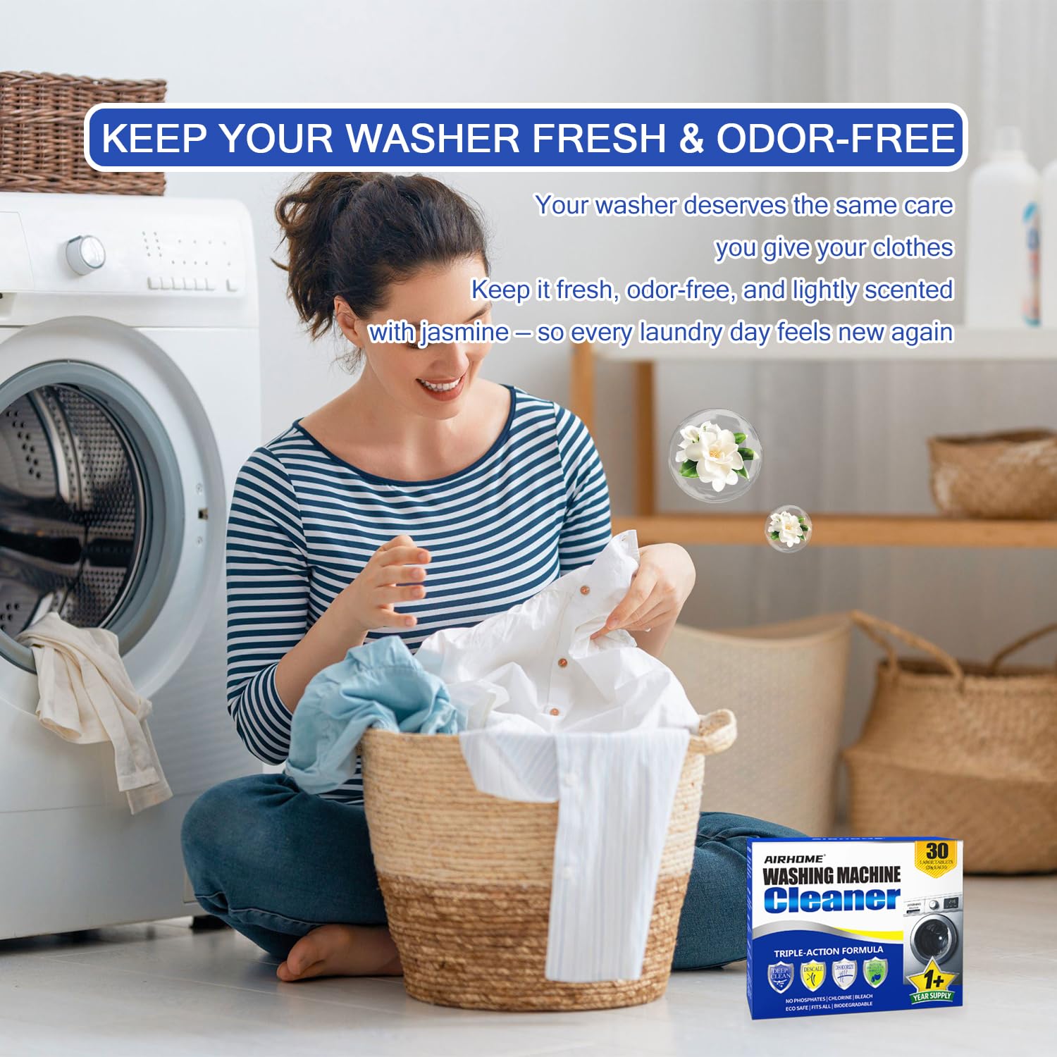 Airhome Washing Machine Cleaner Tablets - Deep-Cleaning Descaler for Front Load and Top Load Washers, Including HE, 30 Pack (15 Month Supply)