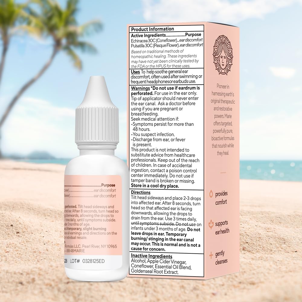 Marie Originals Ear Drops for Clogged Ears, Dry Itchy Ears & Ear Hygiene for Adults & Kids | Natural Plant-Based Ingredients Perfect for Summer use, Swimmers & Everyday Care | 0.5 FL Oz - 14mL