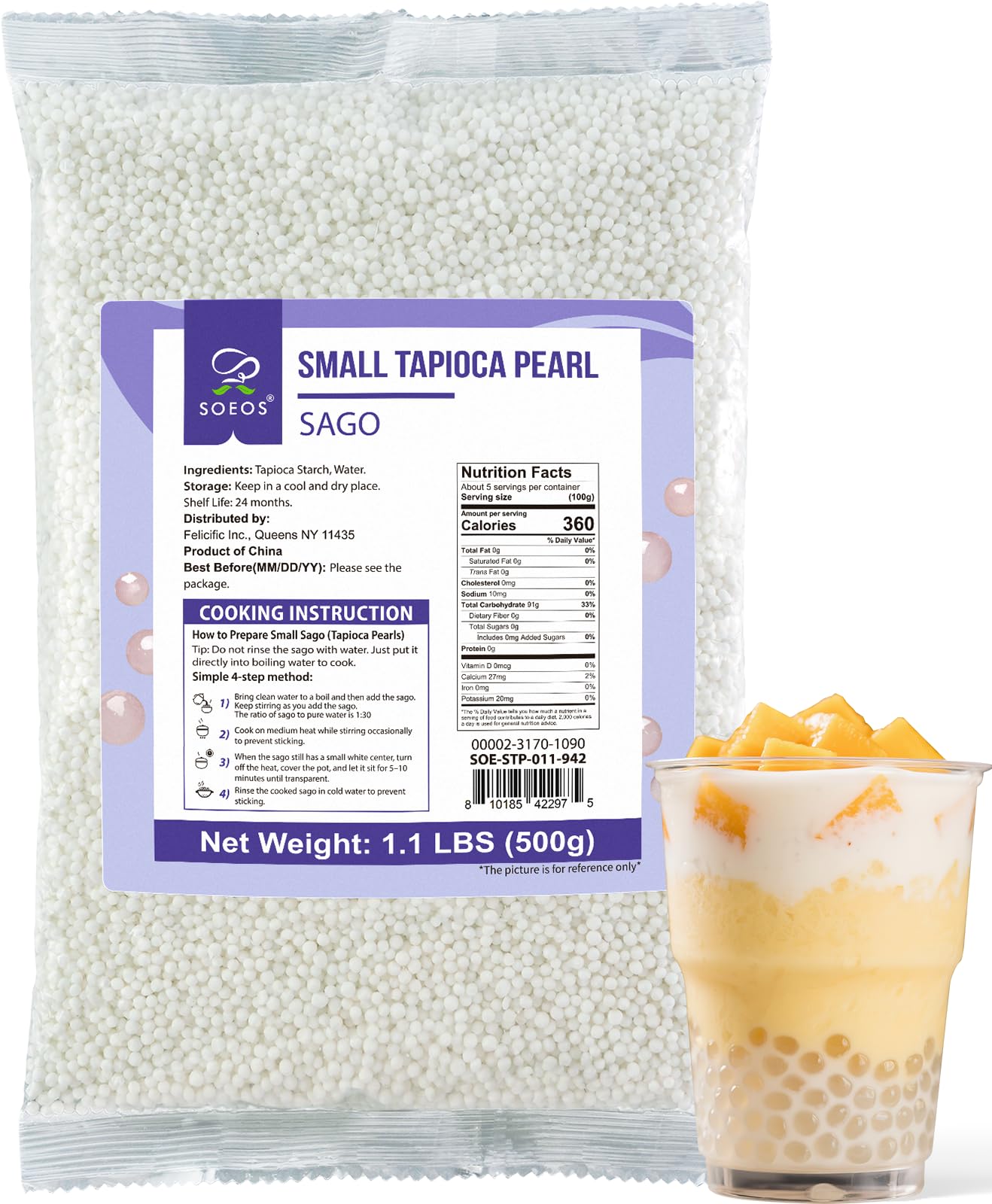 Soeos Sago Tapioca Pearls, 1.1 lbs (500g), Small Tapioca Pearls for Asian Desserts, Bubble Tea, and Puddings, Quick-Cooking Sago Ball, Non-GMO, Gluten-Free