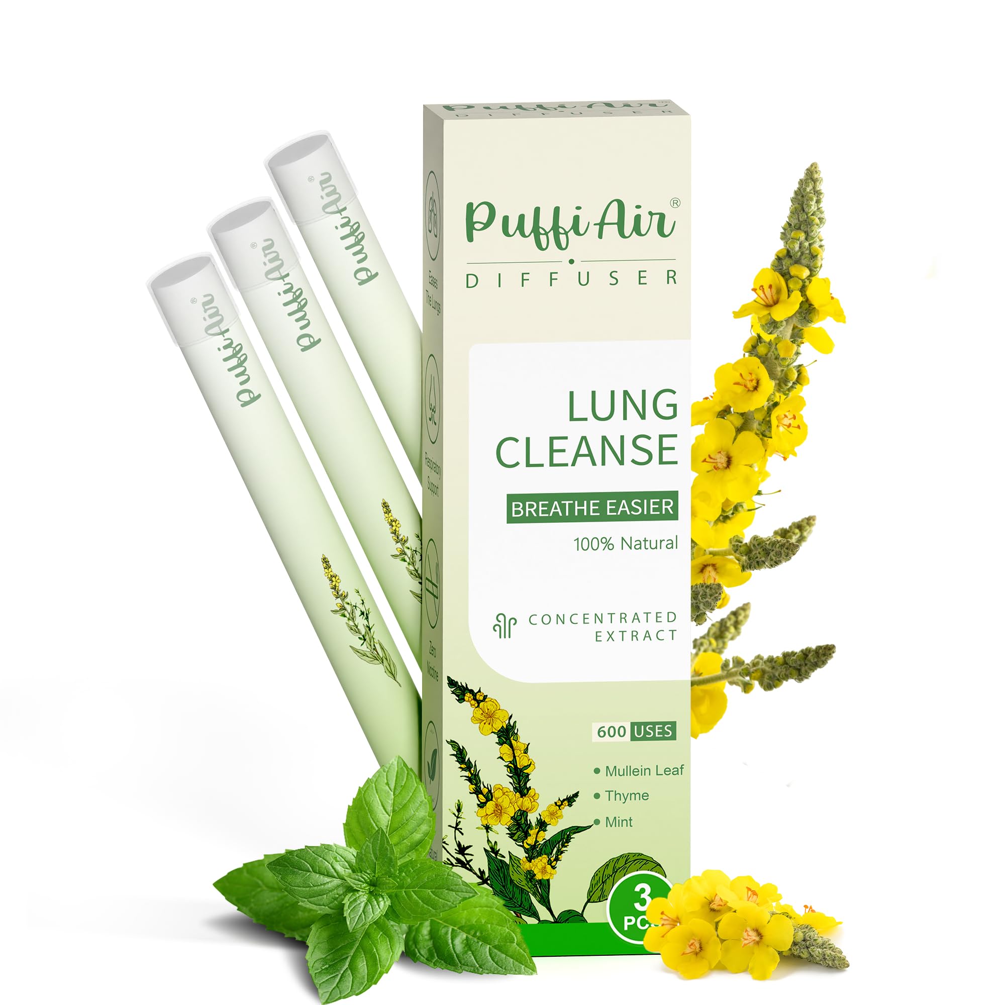 Upgraded Mullein Herbal Diffuser Stick with Mullein, Thyme & Mint Extracts | Lung Detox Diffuser for Cleansing Lungs, Improving Breathing & Oral Air Freshening - 600 Uses, 3 Sticks, 1 Pack