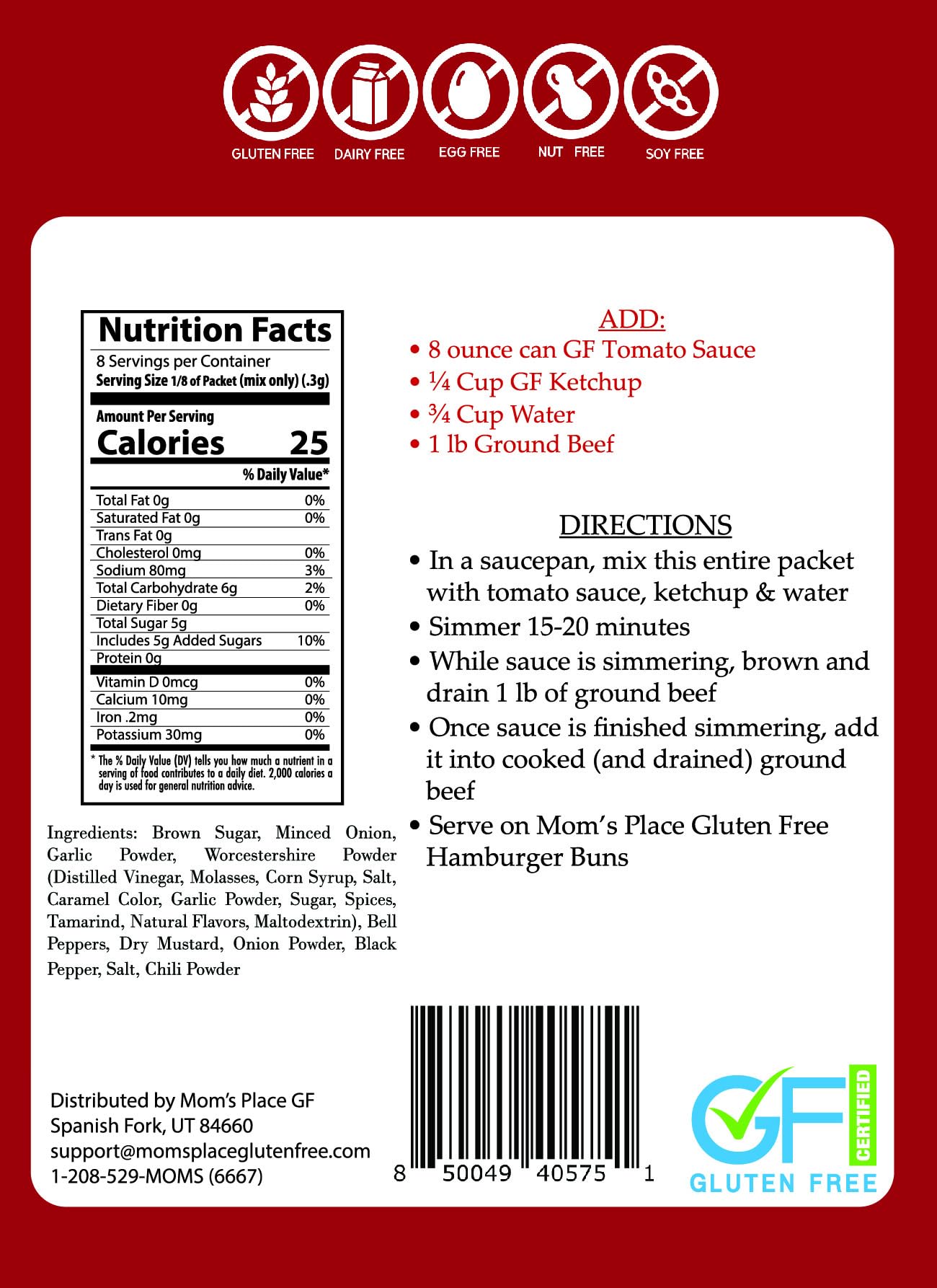 Mom's Place Gluten-Free Sloppy Joe Seasoning Mix - Soy Free, Dairy Free & Vegan, 2.3 oz.