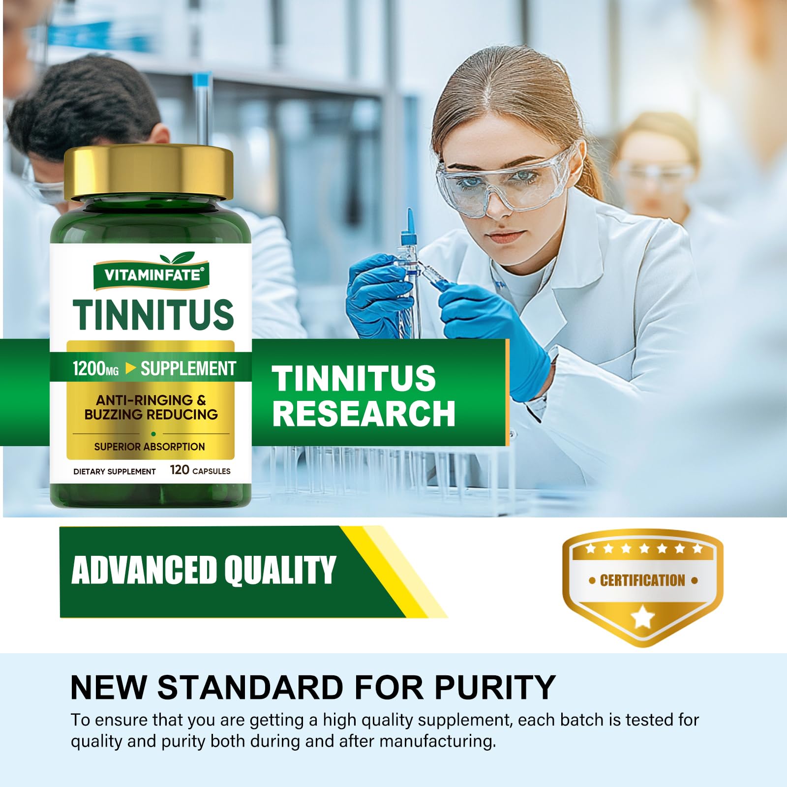 VITAMINFATE Tinnitus Relief for Ringing Ears Supplement 1200mg - 120 Capsules | Supports Ear Health and Reduces Tinnitus Symptoms