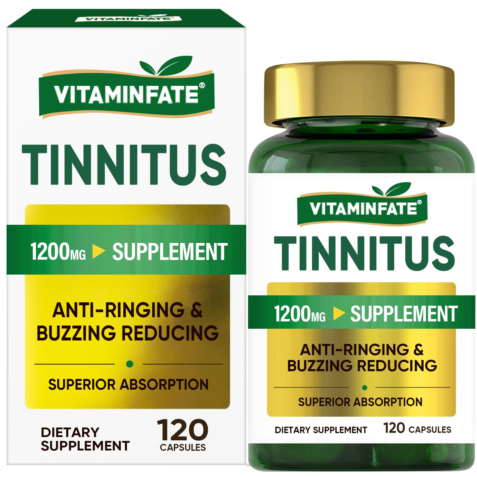 VITAMINFATE Tinnitus Relief for Ringing Ears Supplement 1200mg - 120 Capsules | Supports Ear Health and Reduces Tinnitus Symptoms