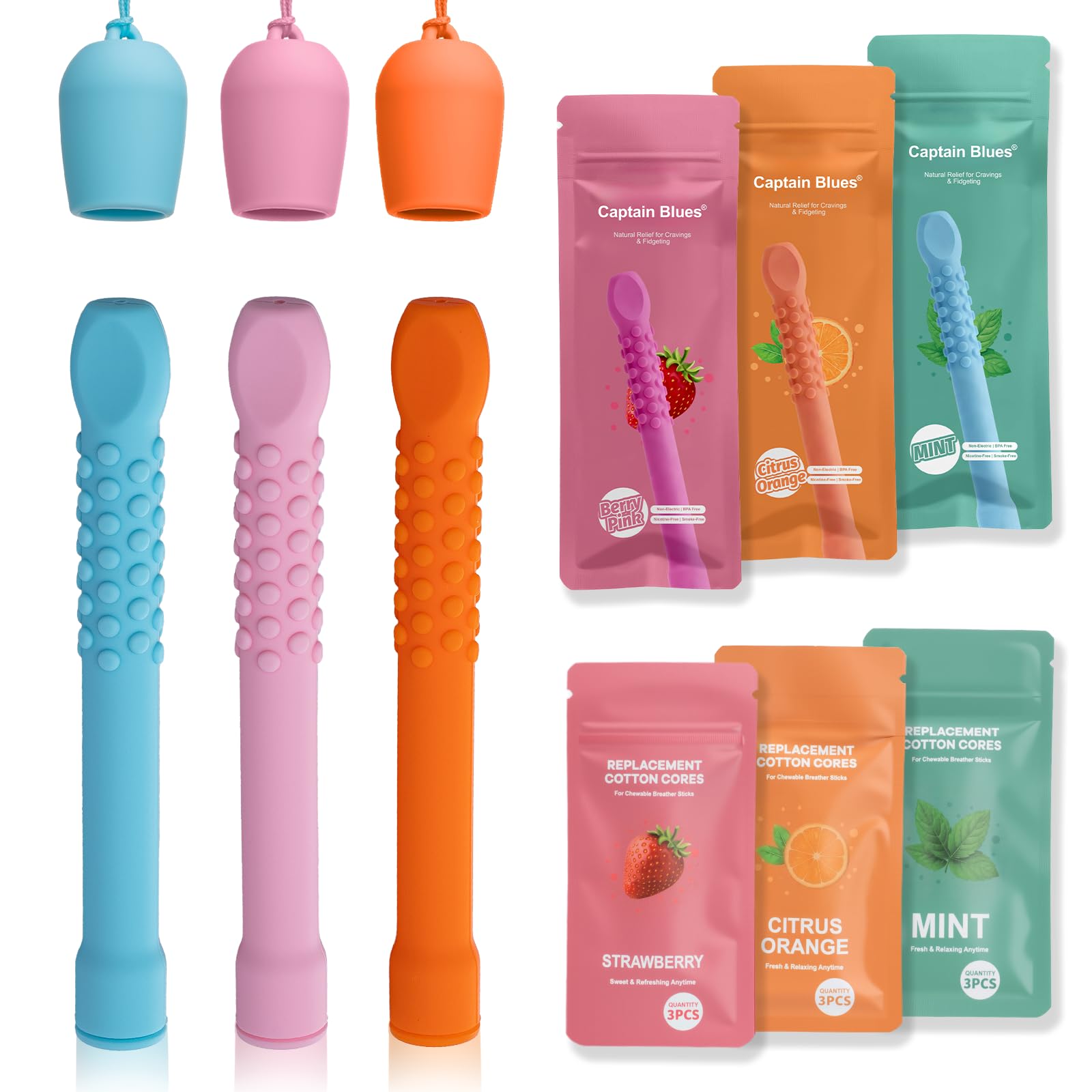 3 Pack Chewable Silicone Aroma Sticks with Essential Oils for Stress Relief & Fresh Breath, Improving Pen Biting & Smoking Habits. (Multicolor)