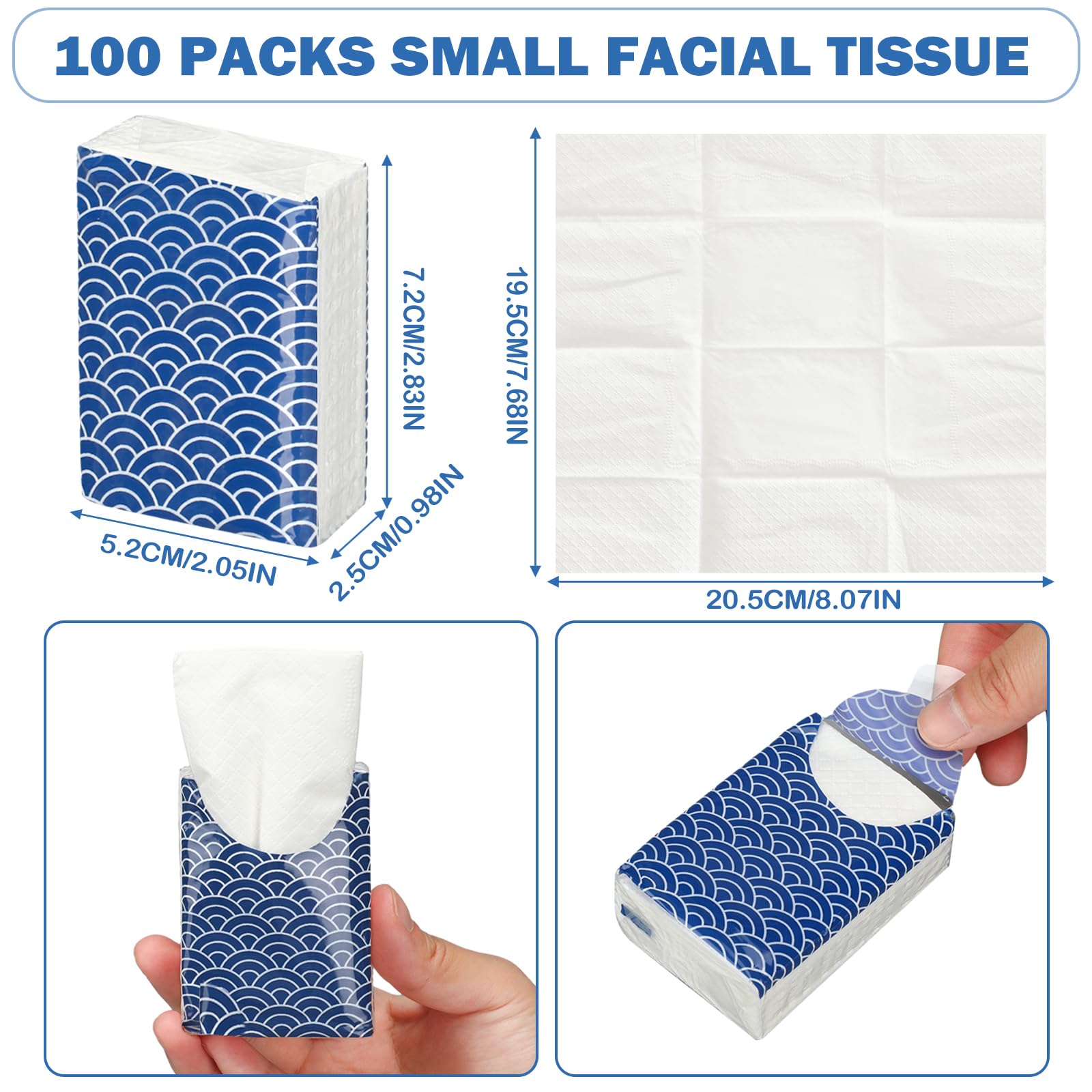 Therwen 100 Pack Pocket Tissues Travel Packs Bulk 1000 Sheet Mini Tissues Bulk 3 Ply Small Travel Size Paper Individual Pocket Size (Cool)