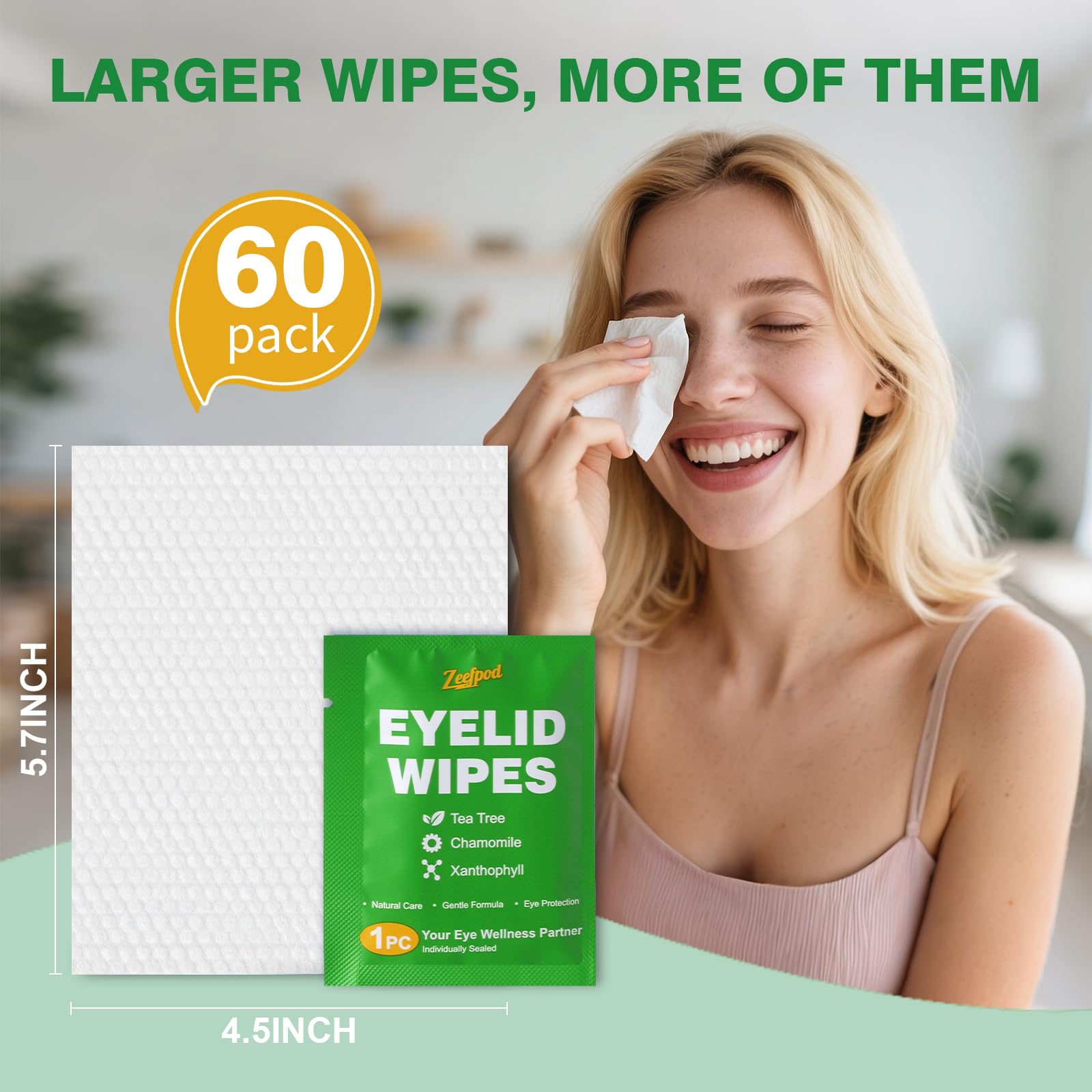 60PCS Tea Tree Oil Eyelid Wipes – Individually Wrapped Eye Lid Cleaning Wipes，Soothing For Sensitive Eyes, Stay Hydrated Lid Wipe