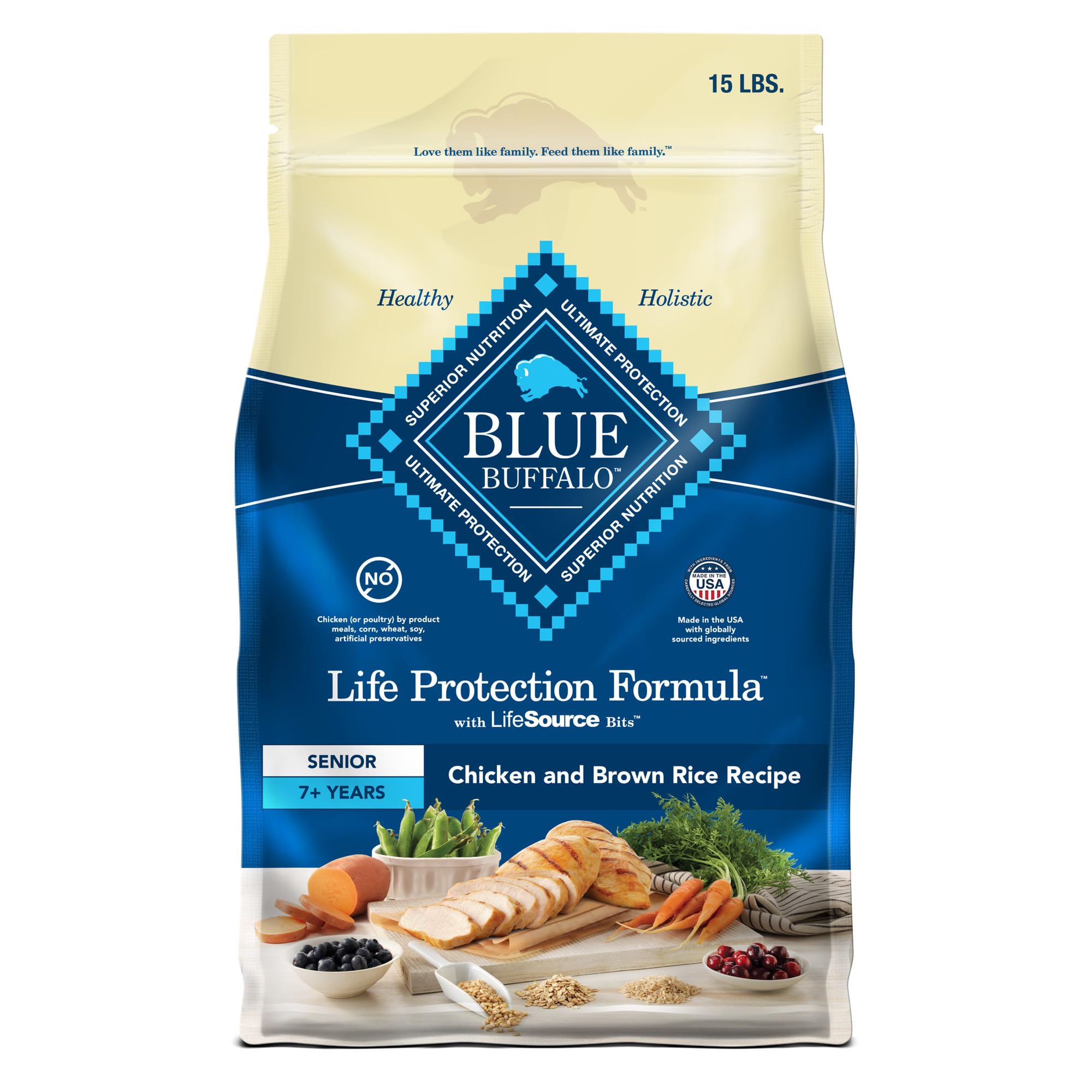 Blue Buffalo Life Protection Formula Senior Dry Dog Food, Supports Joint Health and Mobility, Made with Natural Ingredients, Chicken & Brown Rice Recipe, 15-lb. Bag