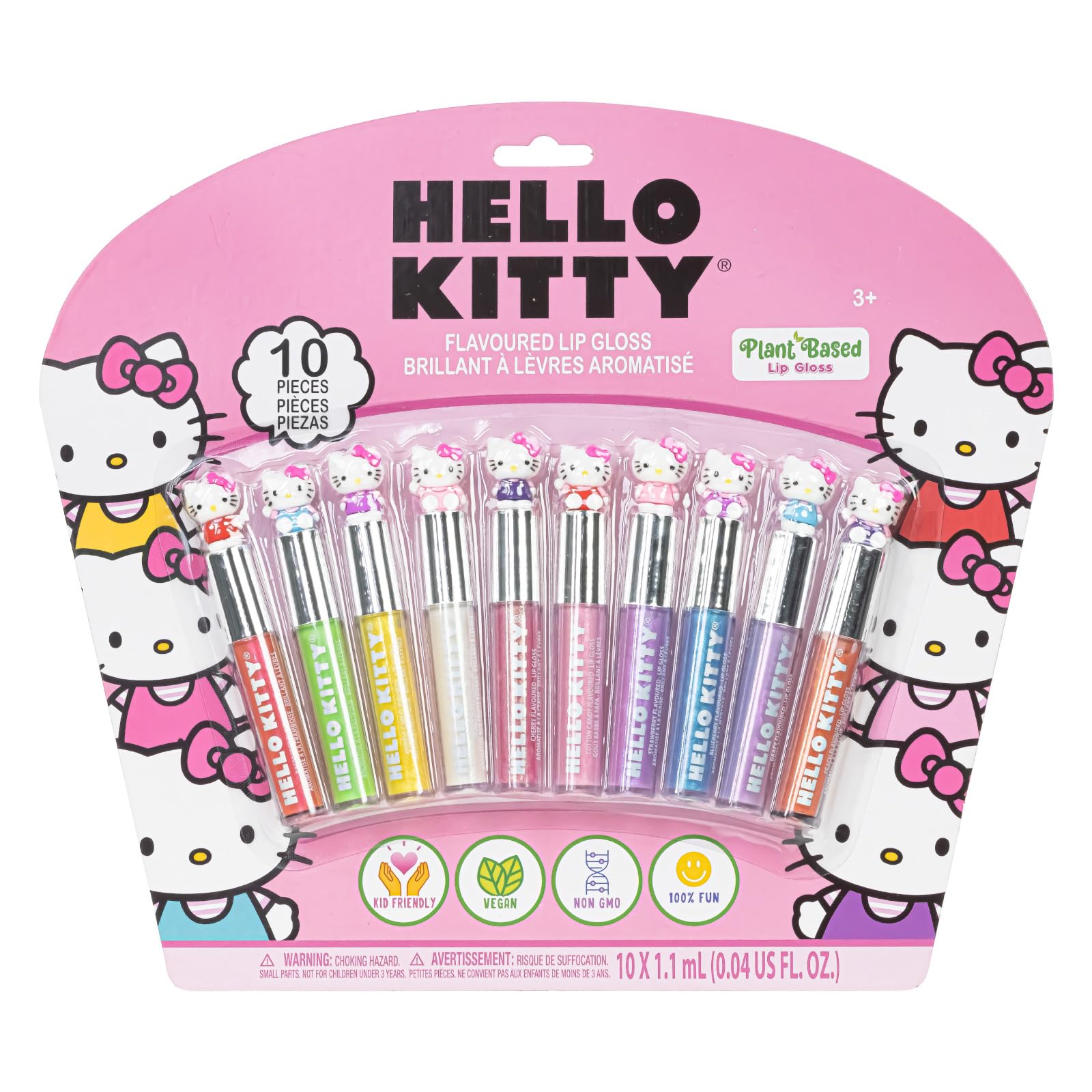 Hello Kitty 10 Piece Plant Based Lip Gloss, Girls Party Favors, First Makeup Set for Girl, Perfect for Parties, Sleepovers, and Birthday Gifts, Ages 3+, by Townley Girl