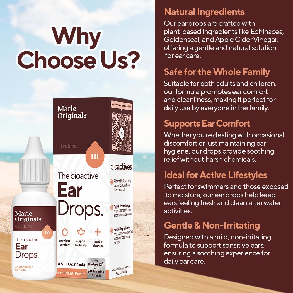Marie Originals Ear Drops for Clogged Ears, Dry Itchy Ears & Ear Hygiene for Adults & Kids | Natural Plant-Based Ingredients Perfect for Summer use, Swimmers & Everyday Care | 0.5 FL Oz - 14mL
