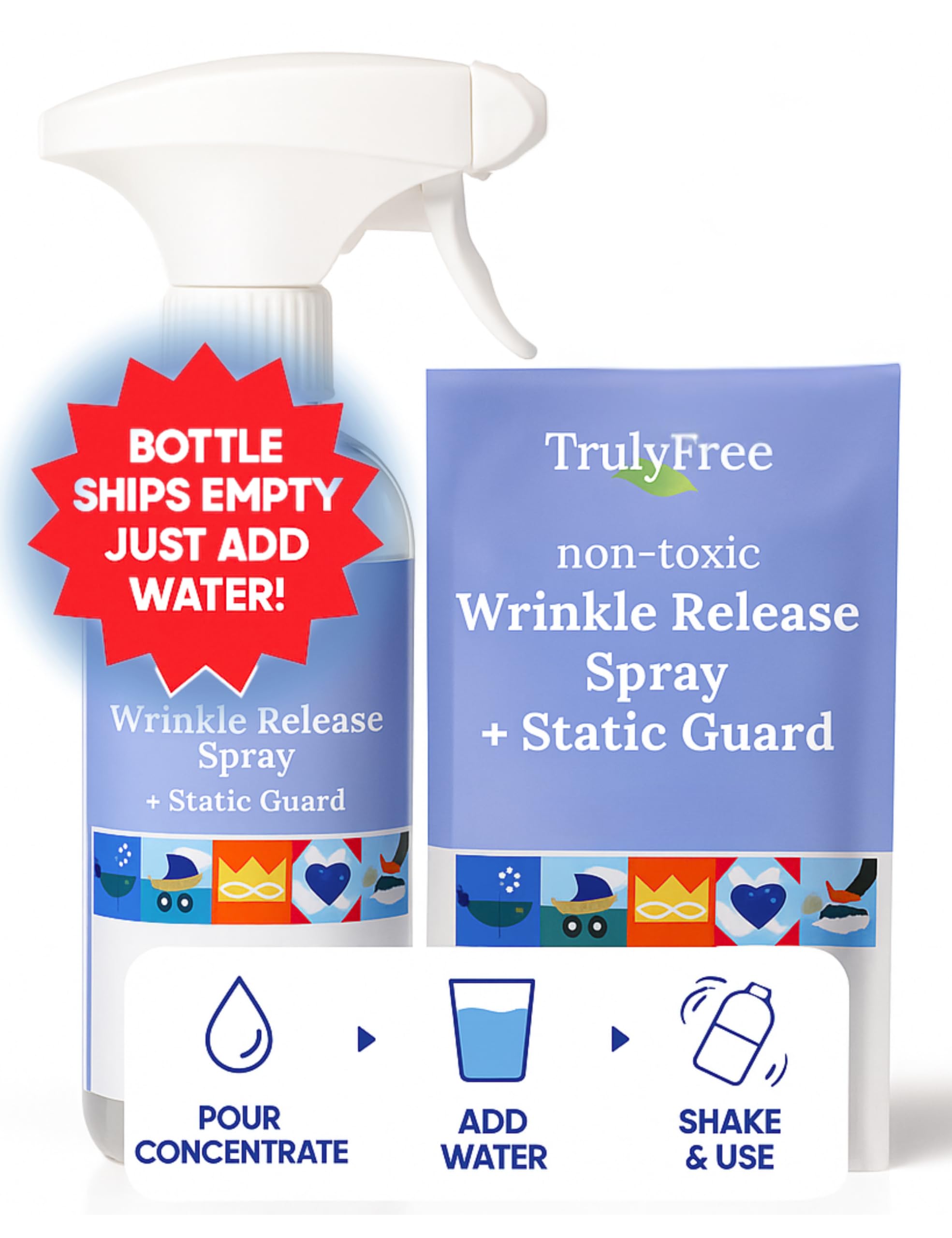 Truly Free Wrinkle & Static Releaser - Wrinkle Release for Clothes, Linen, & Sheet Fabrics - Static Guard Spray - Plant-Based - 1 Pouch 3oz Refill with 12oz Reusable Empty Spray Bottle