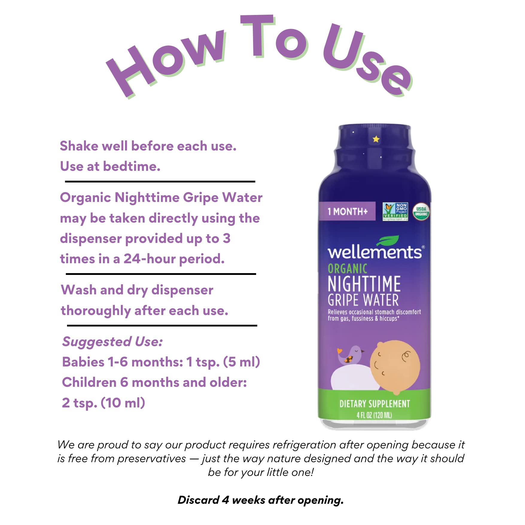Wellements Organic Nighttime Gripe Water for Babies 1 Month+ (4 Fl Oz) - Baby Gripe Water for Bedtime Relief Gas, Colic & Fussiness - Herbs Promote a Peaceful Night’s Sleep - USDA Certified & Non GMO