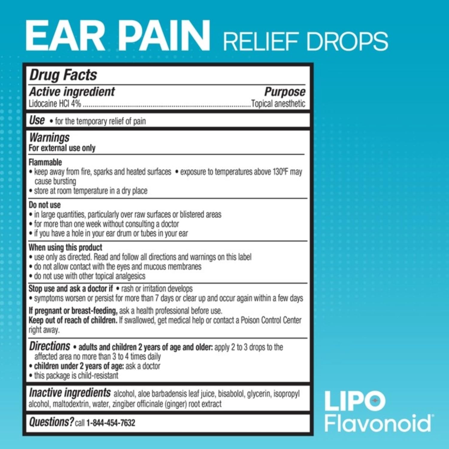 Lipo-Flavonoid Fast-Acting Ear Ache Pain Relief, 4% Lidocaine Maximum-Strength for Swimmer's Ear, Cold & Flu, Allergies, Safe for Adults & Children, Relieves Ear Pain, Swelling, & Water-Clogged Ears