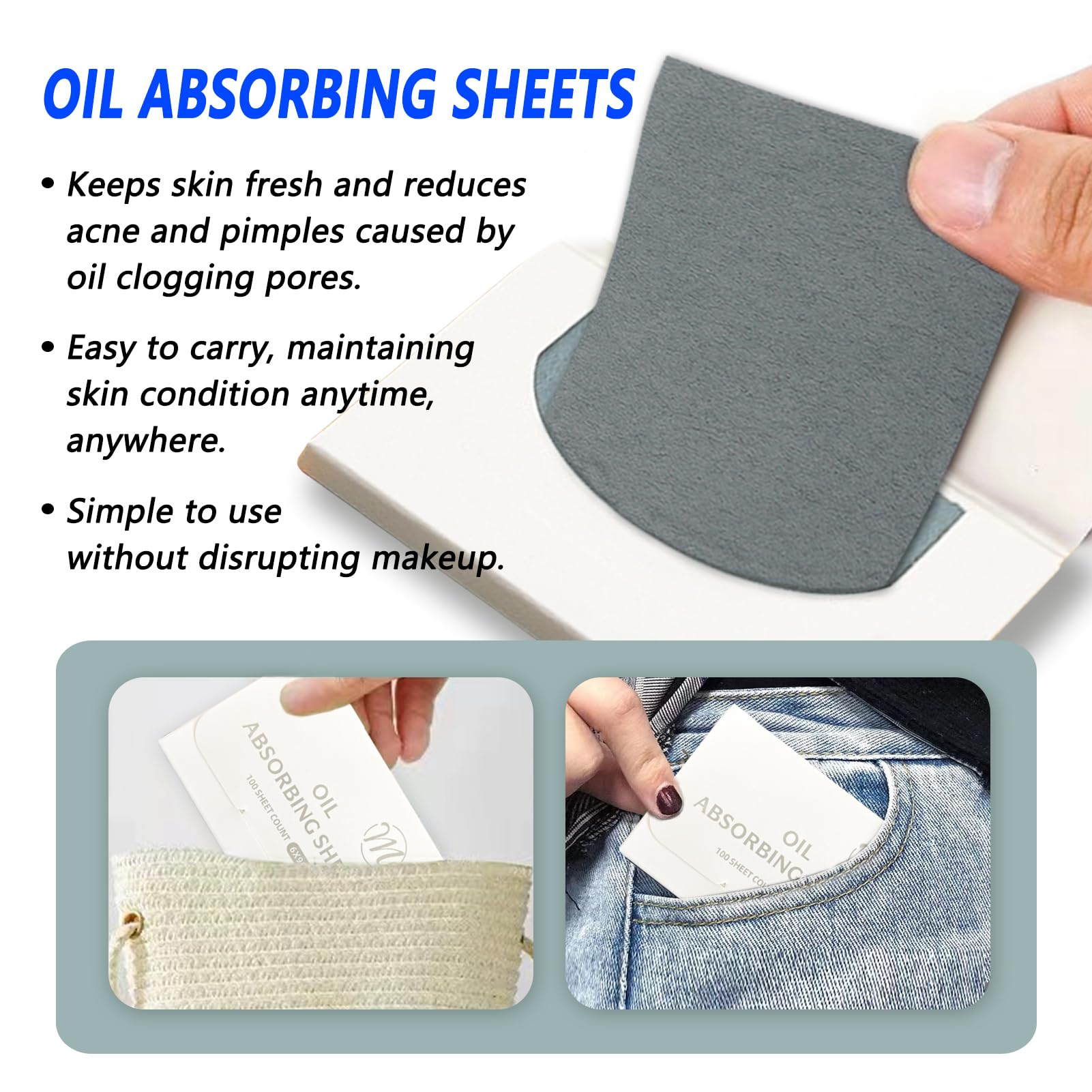 Natural Face Oil Blotting Paper -Bamboo Charcoal 600 Counts, Easy Dispensing Oil Absorbing Sheets, Premium Handy Facial Blotting Papers - Face Skin Care or Beauty Make Up Must Have (White-Bamboo)