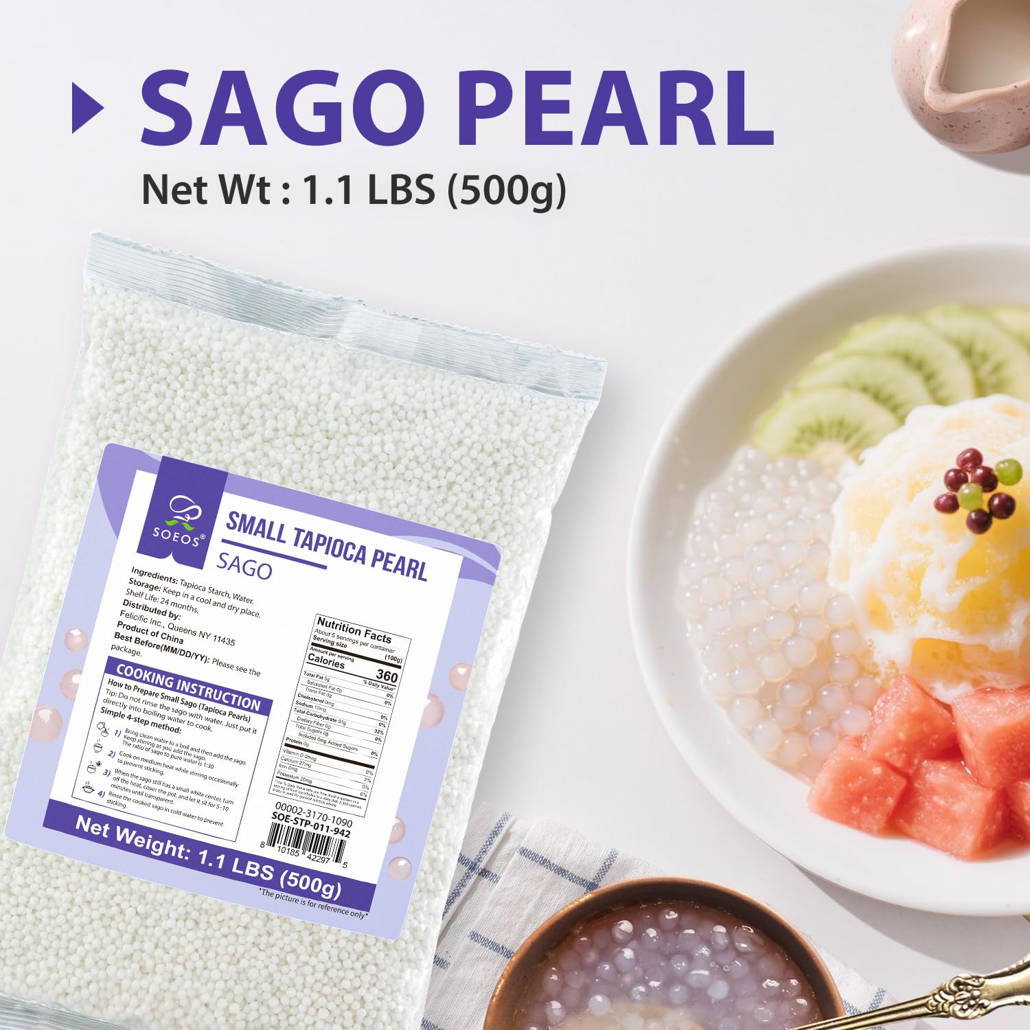 Soeos Sago Tapioca Pearls, 1.1 lbs (500g), Small Tapioca Pearls for Asian Desserts, Bubble Tea, and Puddings, Quick-Cooking Sago Ball, Non-GMO, Gluten-Free