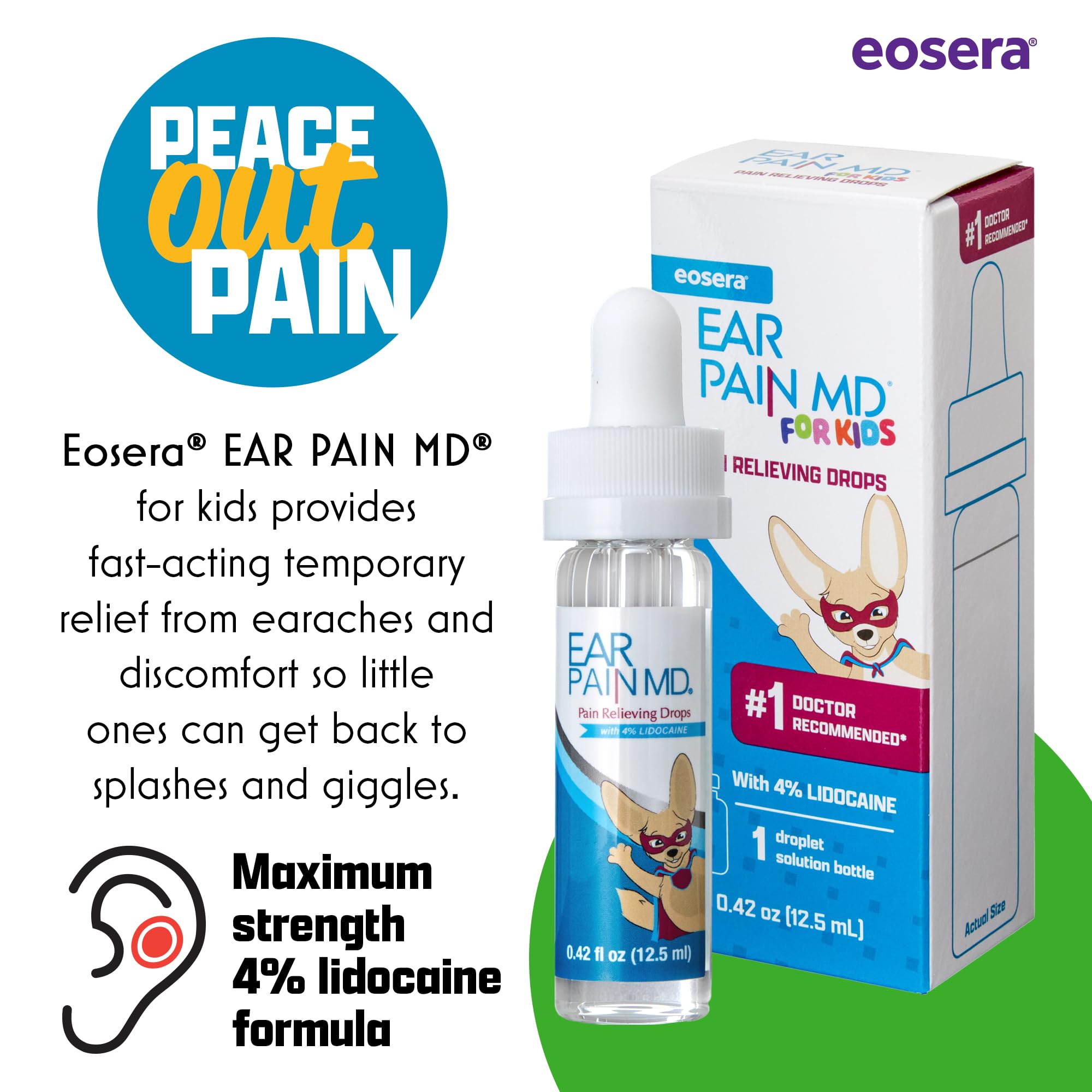 Eosera® Ear Pain MD® for Kids - Maximum Strength Earache Relief Drops with Lidocaine - Doctor Recommended Ear Medicine for Children, Babies & Toddlers 2+ - Fast-Acting Ear Drop Pain Reliever - 12.5mL