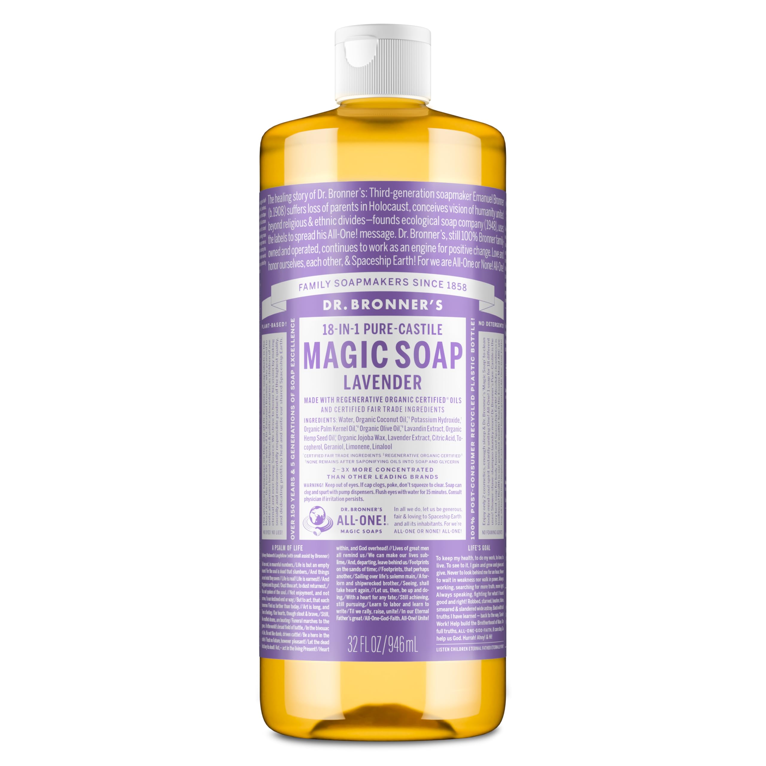 Dr. Bronner's - Pure-Castile Liquid Soap (Lavender, 32 ounce) - Made with Organic Oils, 18-in-1 Uses: Face, Body, Hair, Laundry, Pets and Dishes, Concentrated, Vegan, Non-GMO