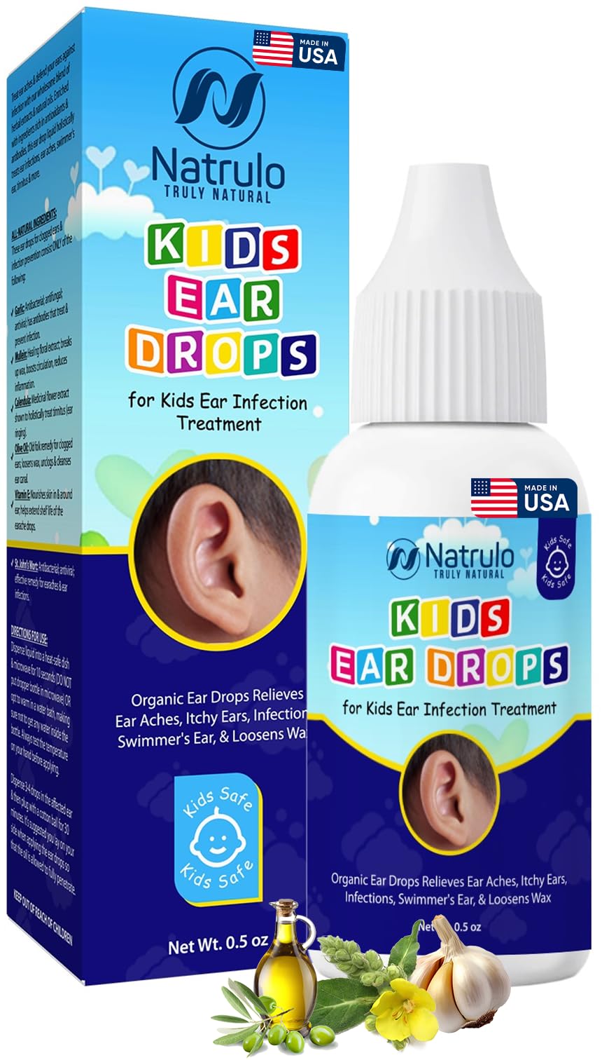 Natrulo Natural Ear Drops for Kids Ear Infection Treatment – Organic Children Ear Oil Drops Relieves Ear Aches, Itchy Ears, Infections, Swimmer's Ear, & Loosens Wax – Kids Safe, Made in USA