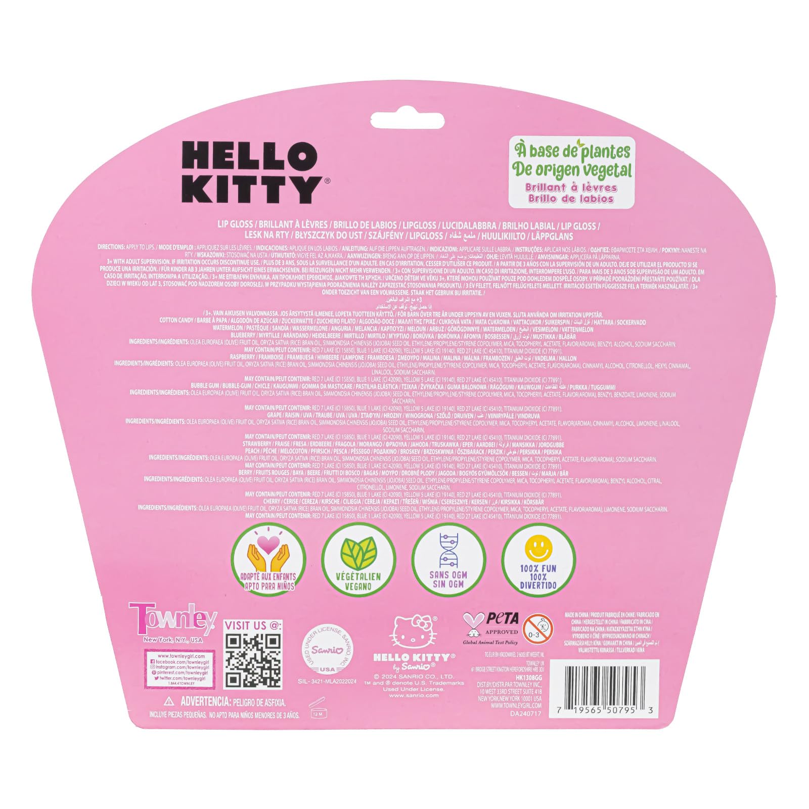 Hello Kitty 10 Piece Plant Based Lip Gloss, Girls Party Favors, First Makeup Set for Girl, Perfect for Parties, Sleepovers, and Birthday Gifts, Ages 3+, by Townley Girl