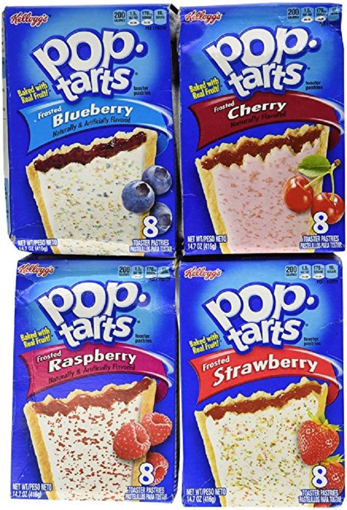 Pop Tarts Variety Pack, Frosted FRUIT Flavors: Strawberry, Blueberry, Cherry, and Raspberry. Bundle of 4-8 Count Boxes, 1 of Each Flavor. Great Care Package or Gift