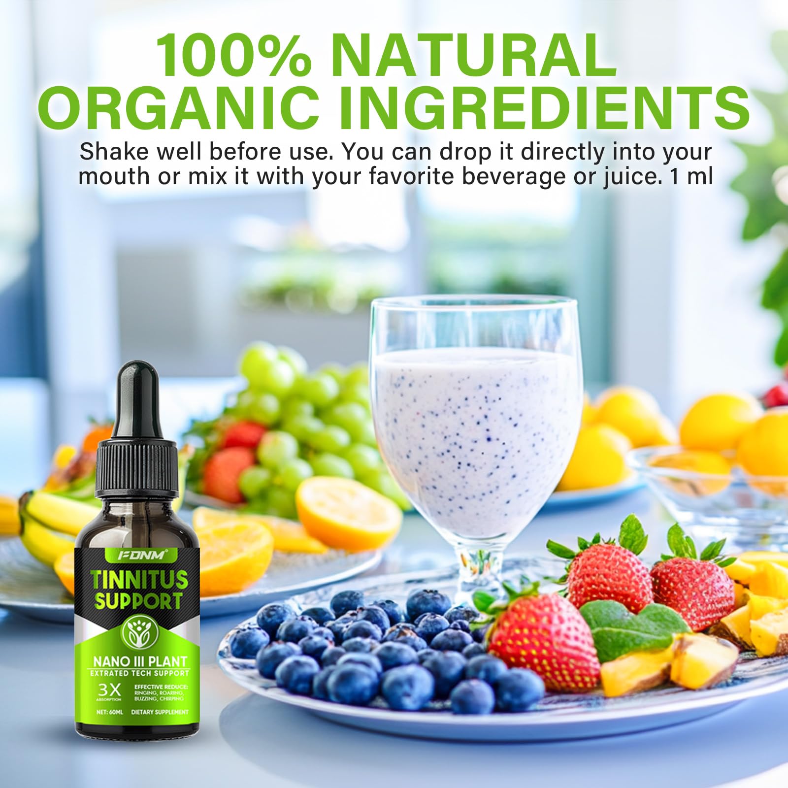 FDNM Tinnitus Relief for Ringing Ears, 60 ML Tinnitus Relief Drops, Natural Ear Support for Ringing & Noise Reduction, Soothes Discomfort & Improve Hearing, Gentle and Portable, High Absorbability