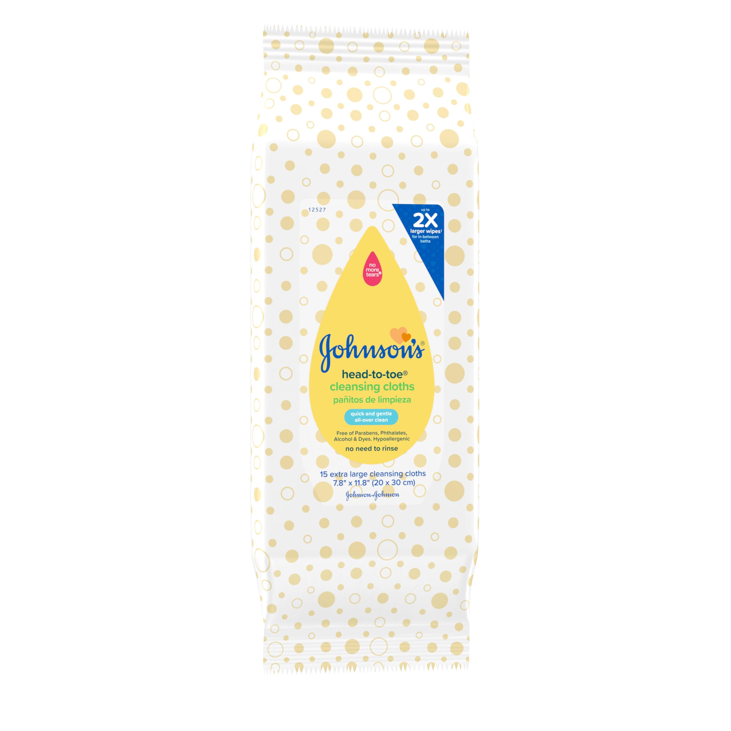 Johnson's Baby Head-to-Toe Gentle Cleansing Cloths, No Rinse, Disposable Pre-Moistened Baby Bath Wipes, Hypoallergenic Newborn Essentials, Head-to-toe Wipes, Paraben-Free 15 ct