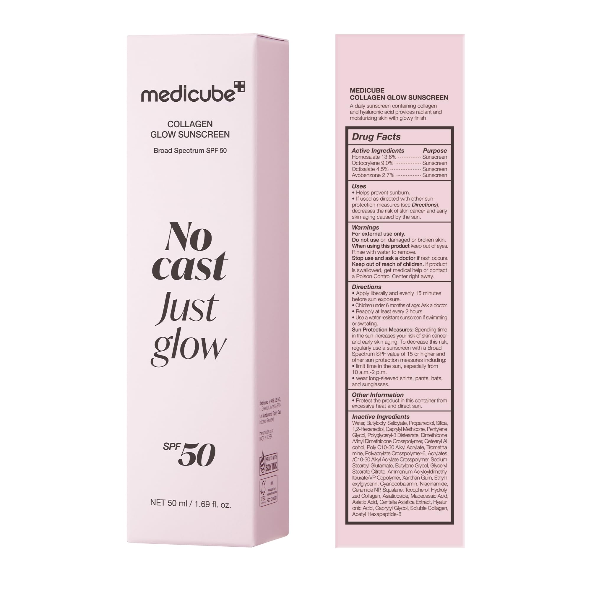 medicube No Cast Just Glow Collagen Sunscreen | SPF 50 Broad Spectrum Face Sunscreen | Lightweight, Non-Sticky, Hydrating Formula | Peptide, Cica for Soothing & Glow | Stocking Stuffers for Women