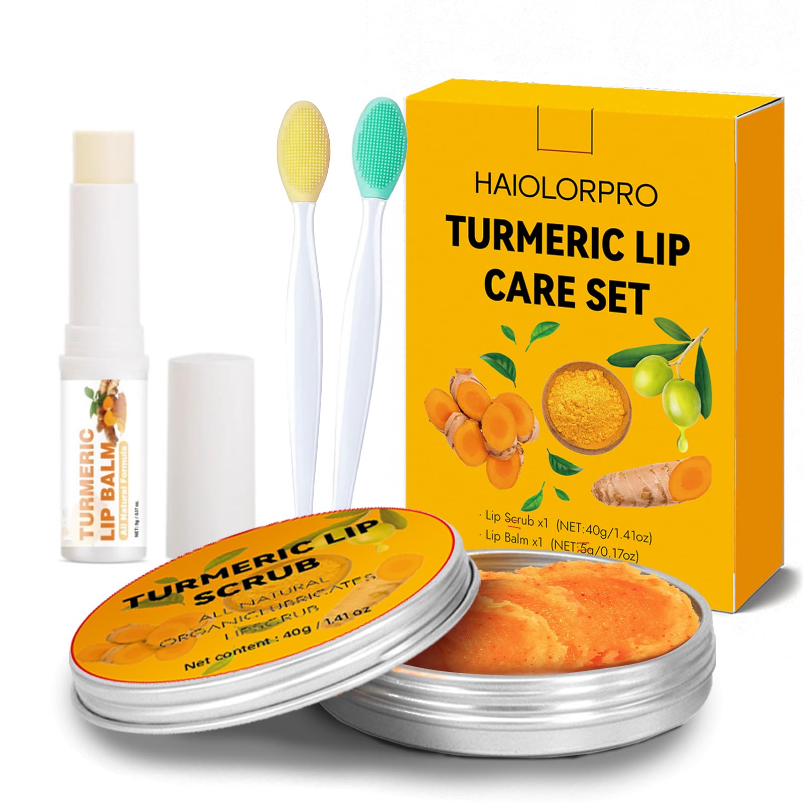 HAIOLORPRO 4PCS Turmeric Lip Scrub and Turmeric Lip Balm with Brush Set, Natural Lip Scrubber Exfoliator for Dry, Dull, Chapped, Dark lips, Reduces Fine Lines, Deeply Hydrates and Moisturizes