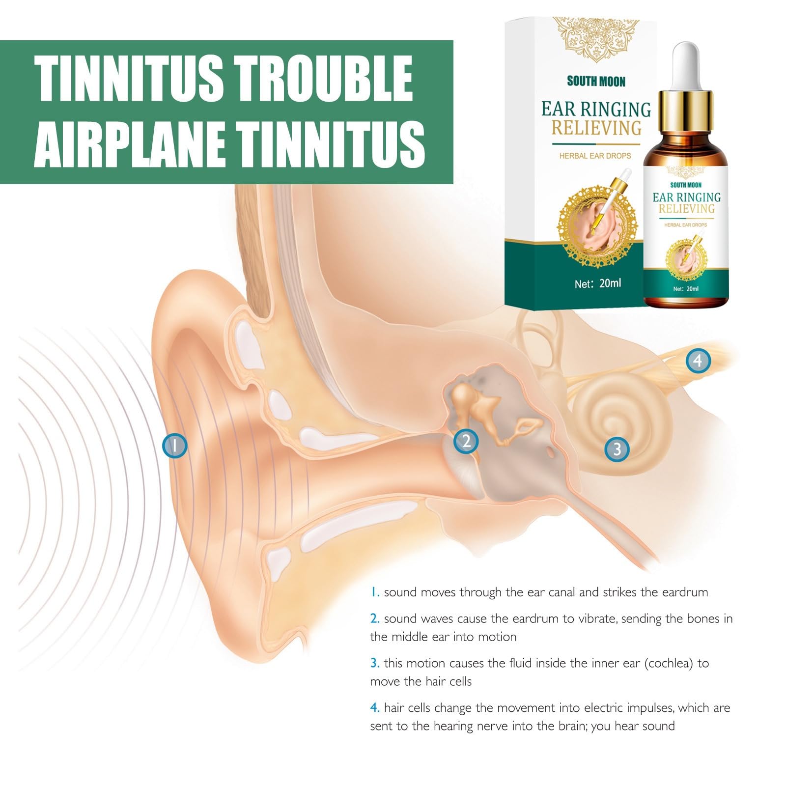 Tinnitus Relief for Ringing Ears, Tinnitus Relief Ear Drops, Natural Tinnitus Relief for Ringing Ears, Effectively Reduce Ear Noise & Promote Healthy Hearing, 20 ml