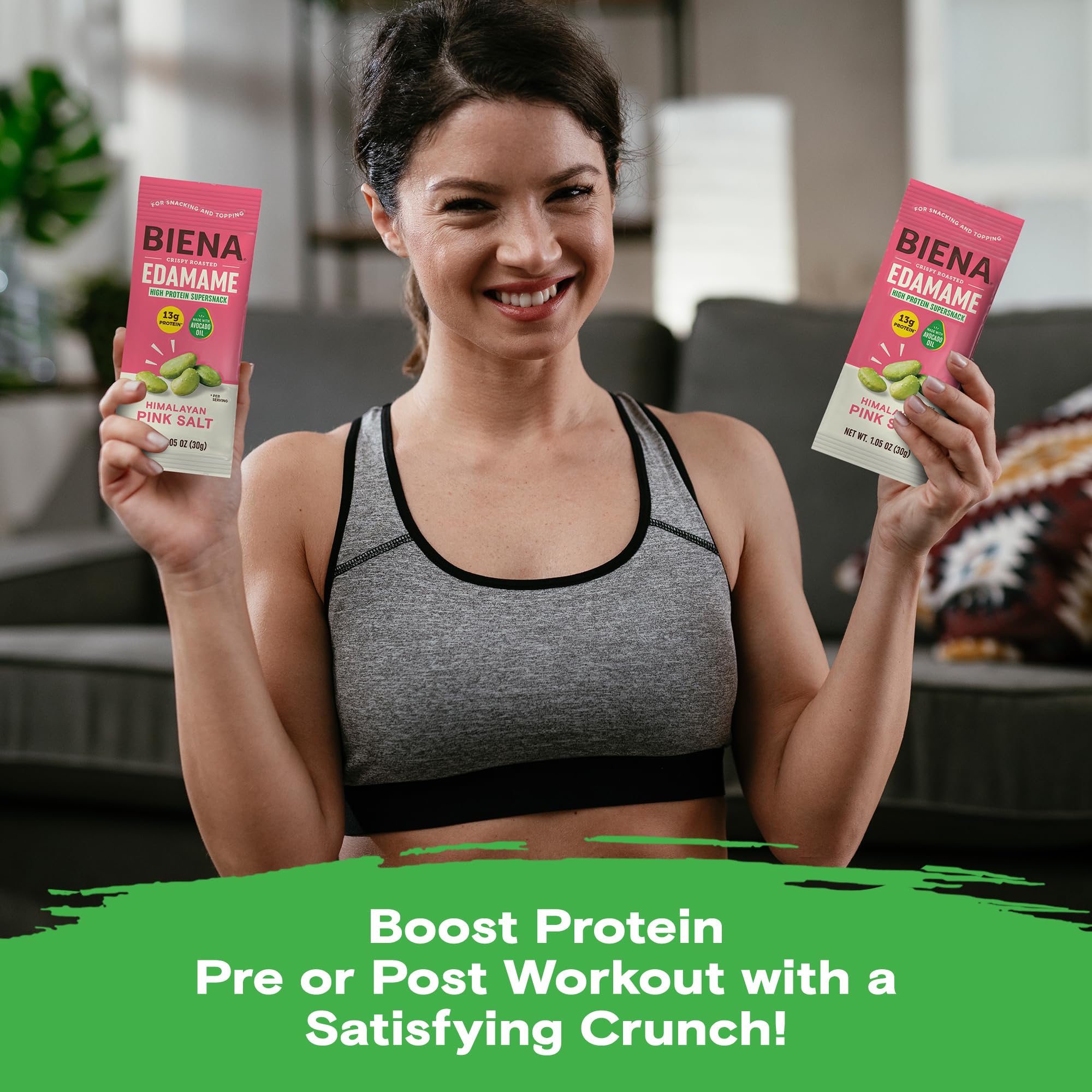 Biena Crispy Roasted Edamame Beans Snack – High Protein Low Carb Snack for Adults & Kids, 13g Protein per Serving - Made w/Avocado Oil – Vegan, Gluten-Free – 10-Pack, 1.05oz Bags, Himalayan Pink Salt
