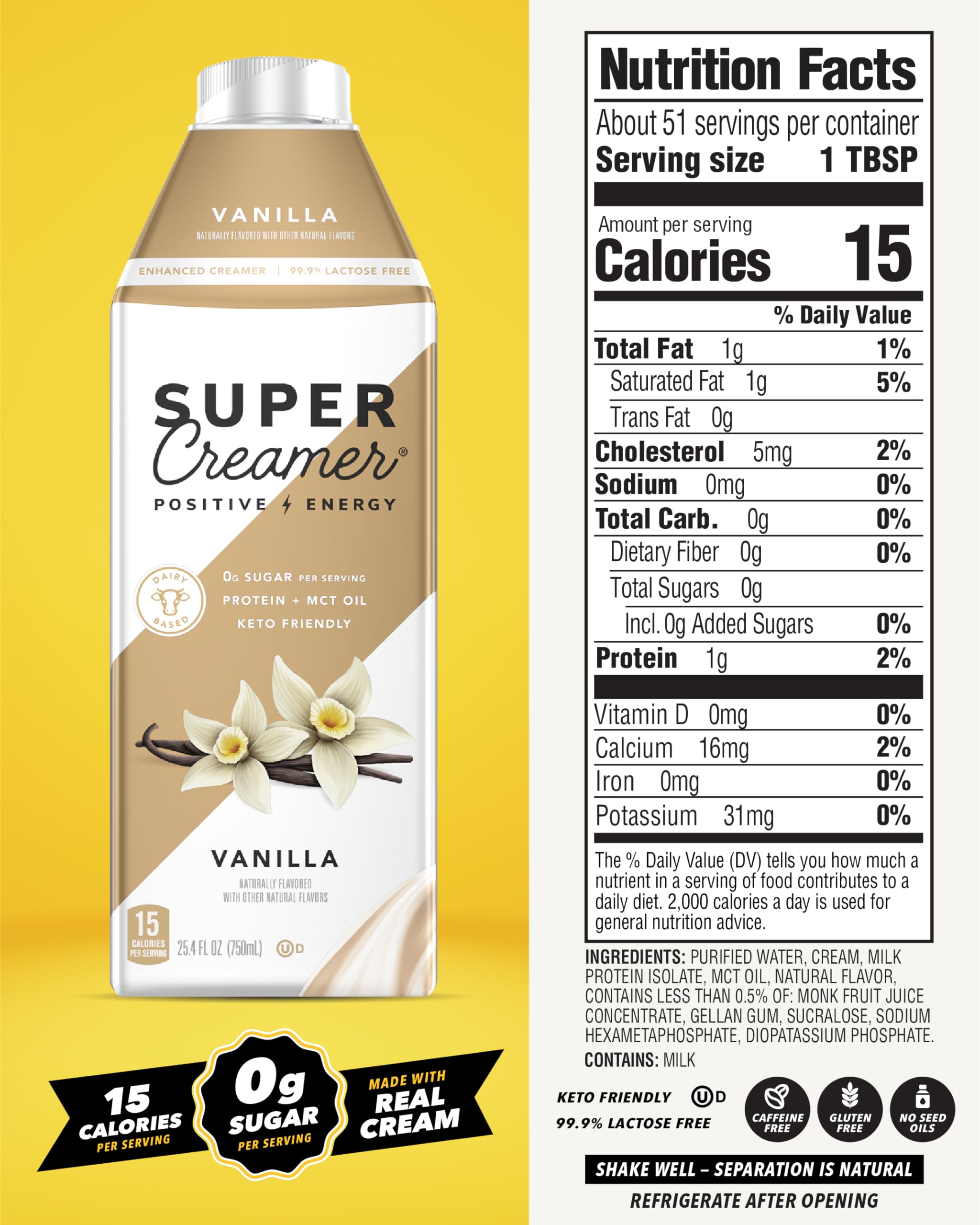 SUPER COFFEE Creamer | SugarFree | 25.4 Fl Oz, Pack of 6 | Keto Coffee Creamer | 0g Sugar, 1g Protein, 15 Calories | Vanilla