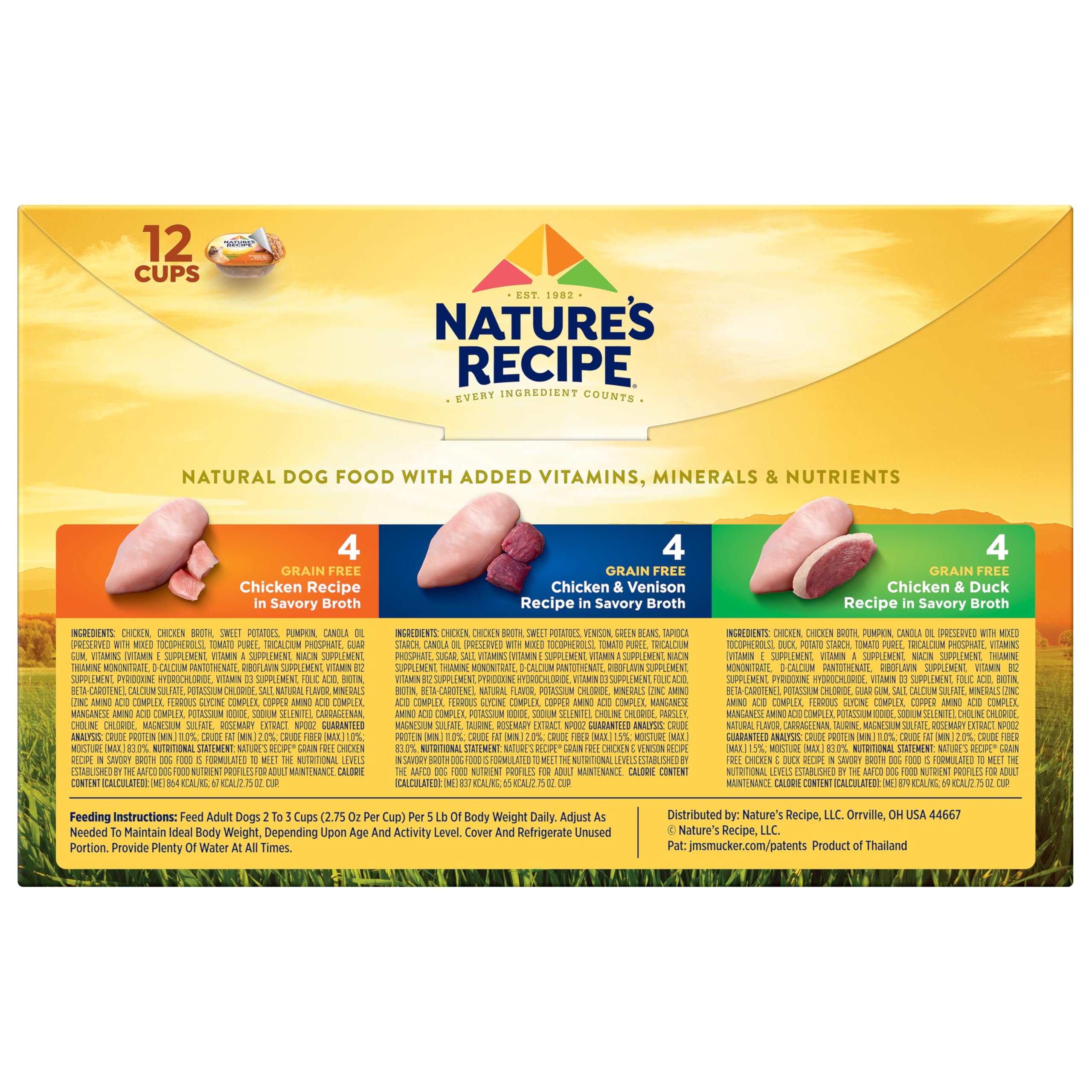 Nature’s Recipe Grain Free Chicken Recipe, Chicken & Venison Recipe and Chicken & Duck Recipe in Savory Broth Variety Pack Wet Dog Food, 12-2.75 oz. Cups, 2 Count