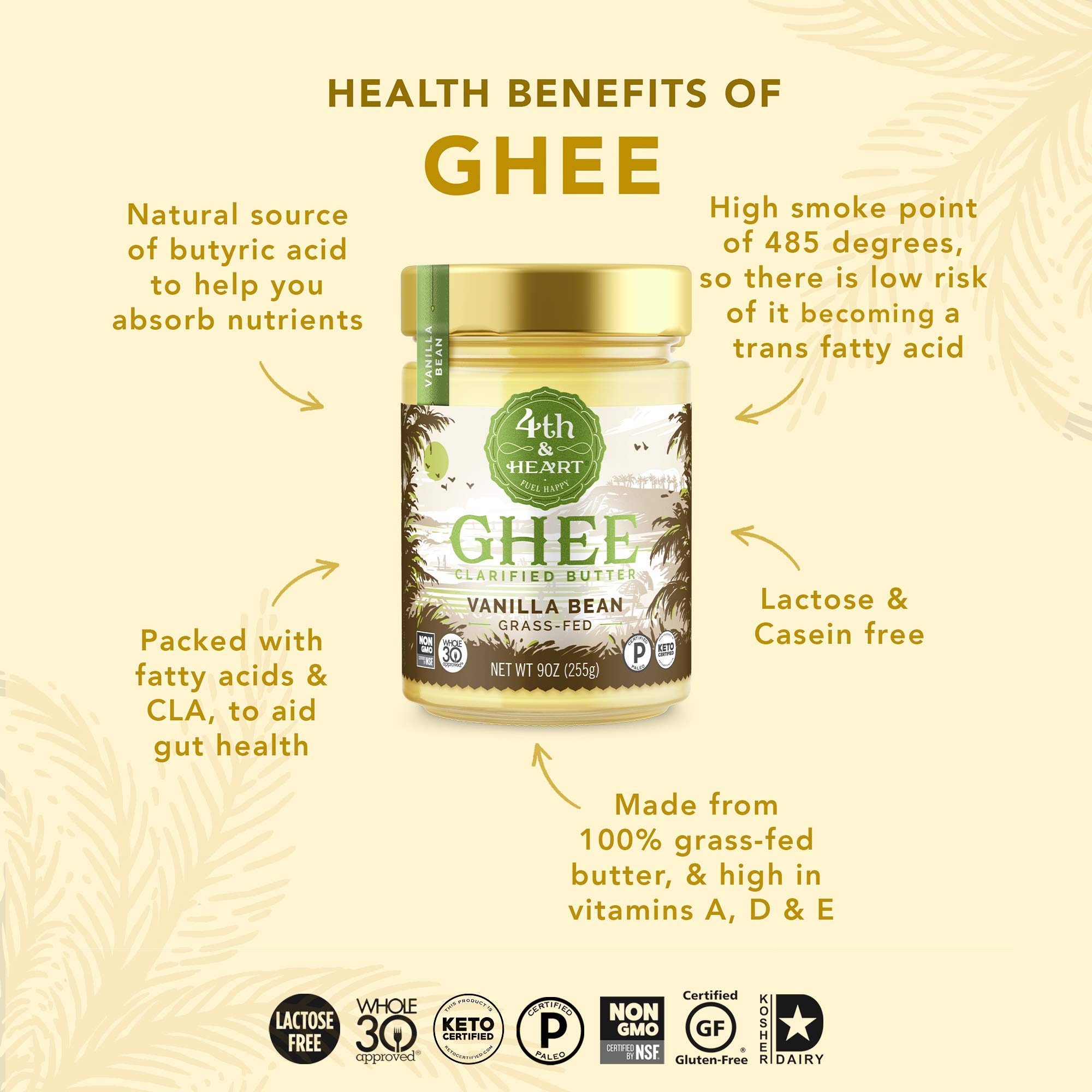 4th & Heart Vanilla Bean Grass-Fed Ghee, Clarified Butter, Keto, Pasture Raised, Non-GMO, Lactose and Casein Free, Certified Paleo (9 Ounces)