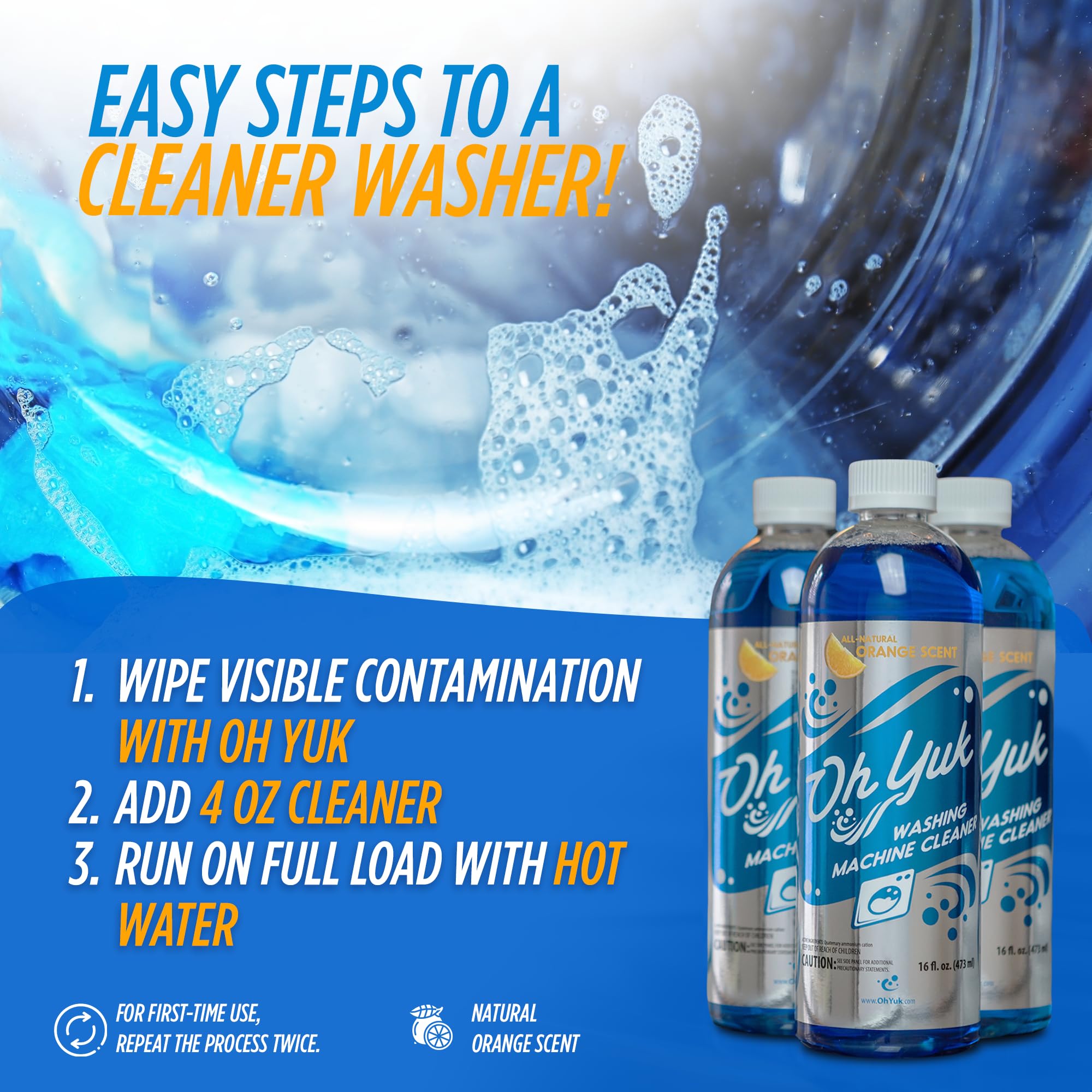 Oh Yuk Washing Machine Cleaner for All Washers (Top Load, Front Load, HE and Non-HE), Natural Citrus Fragrance, Four Cleanings Per Bottle, Septic Safe, 16 Fl Oz