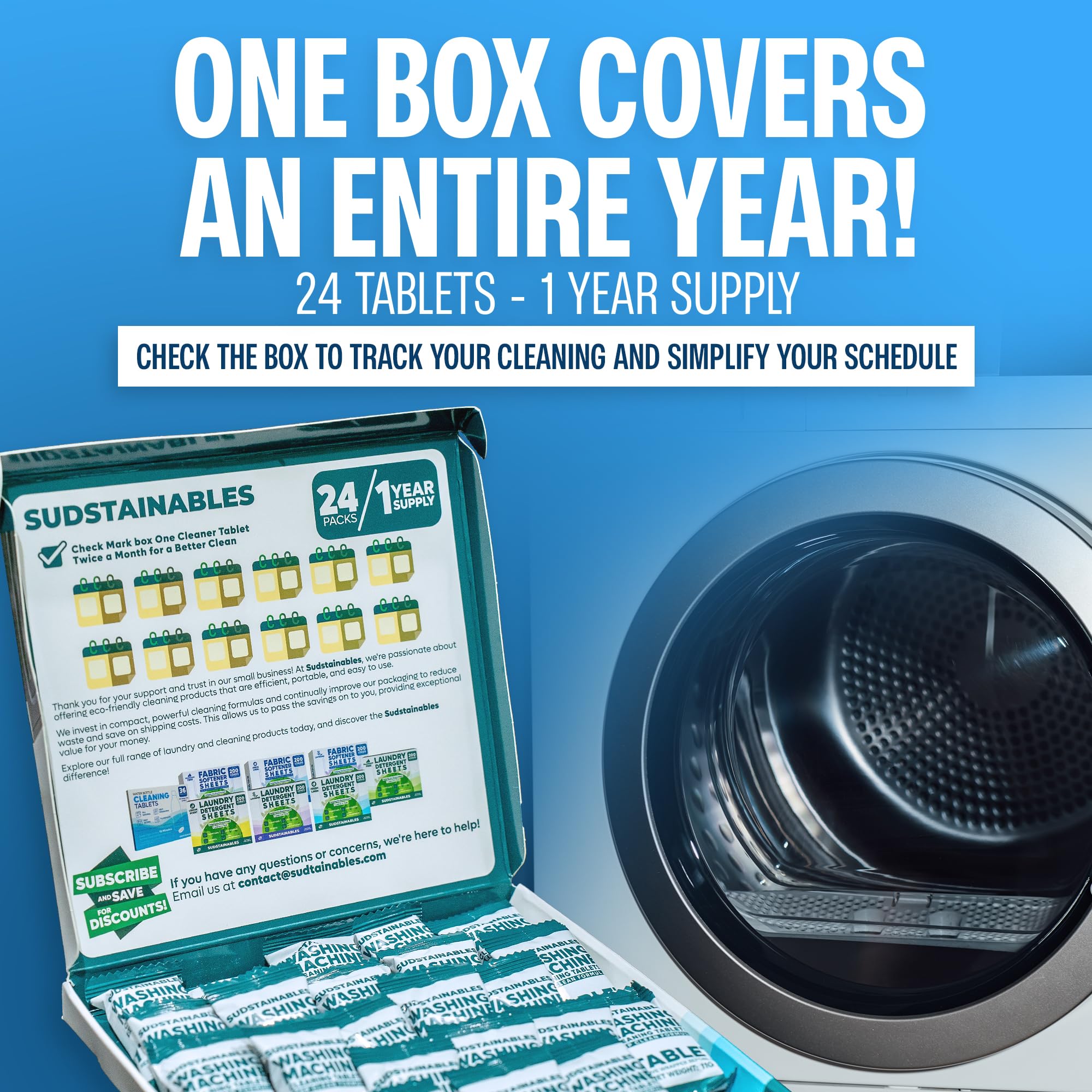 Sudstainables Washing Machine Cleaner Tablets (24-Pack) – Deep Clean Odor & Residue Remover for Front & Top Load Washers, HE & Septic Safe Washing Machine Tub Cleaner for Long-Lasting Freshness