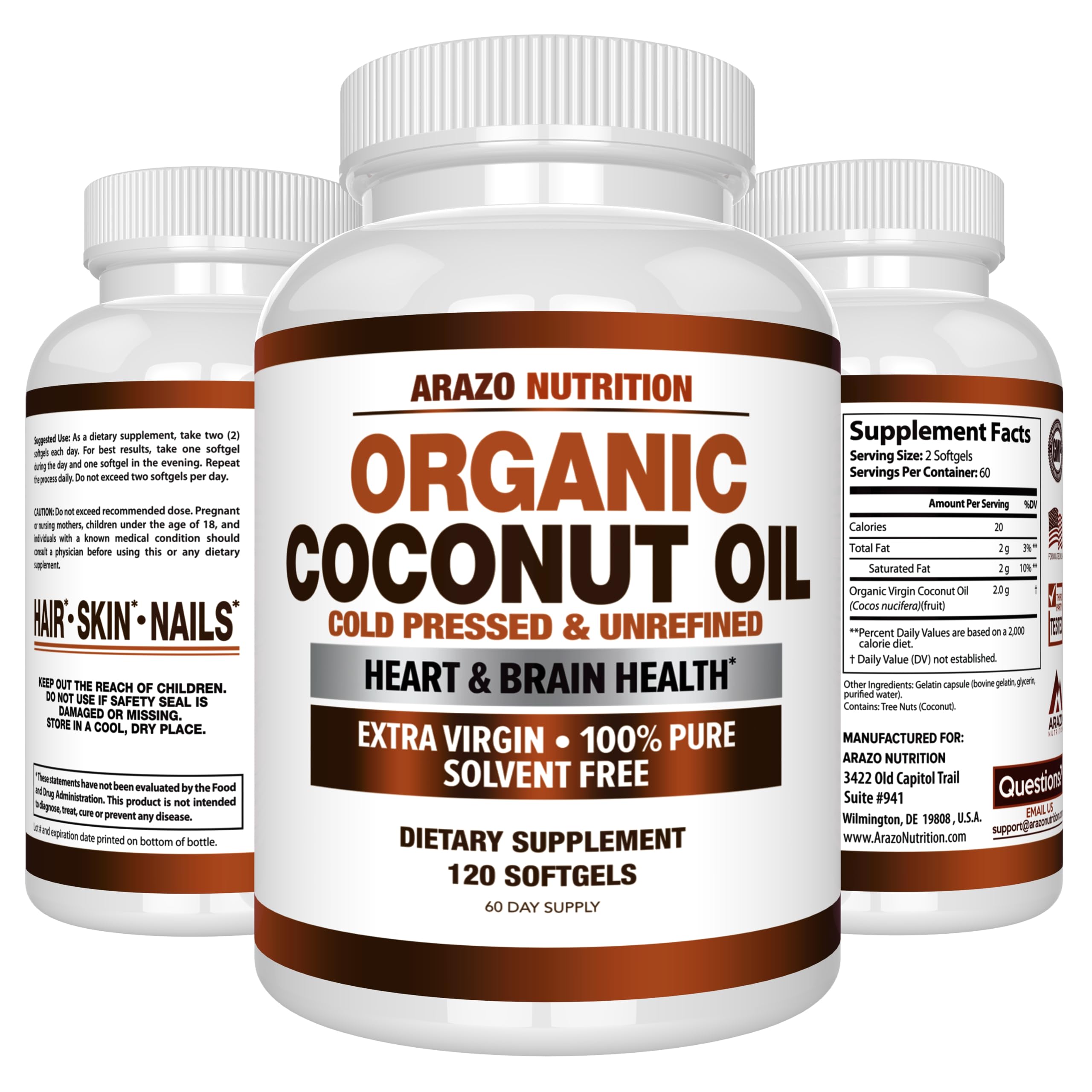 Arazo Nutrition Organic Coconut Oil 2000 MG - 100% Extra Virgin Unrefined Cold Pressed for Weight Support, Skin, Hair, Nails - 120 Softgel Capsules