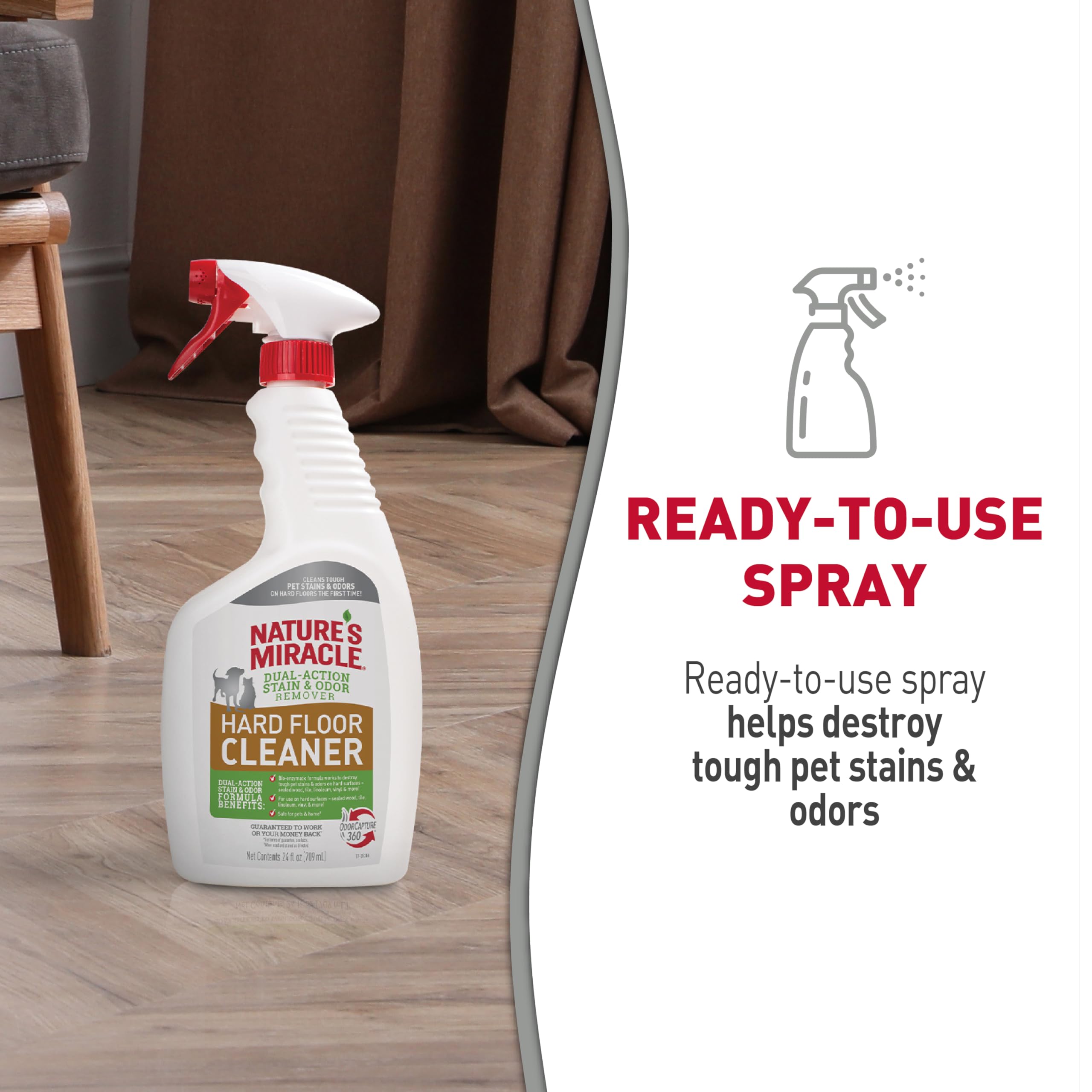 Nature's Miracle Hard Floor Cleaner, 24 Ounces, Dual-Action Stain and Odor Remover Works to Remove Tough Pet Stains and Odors On Sealed Wood and Hard Floor Surfaces