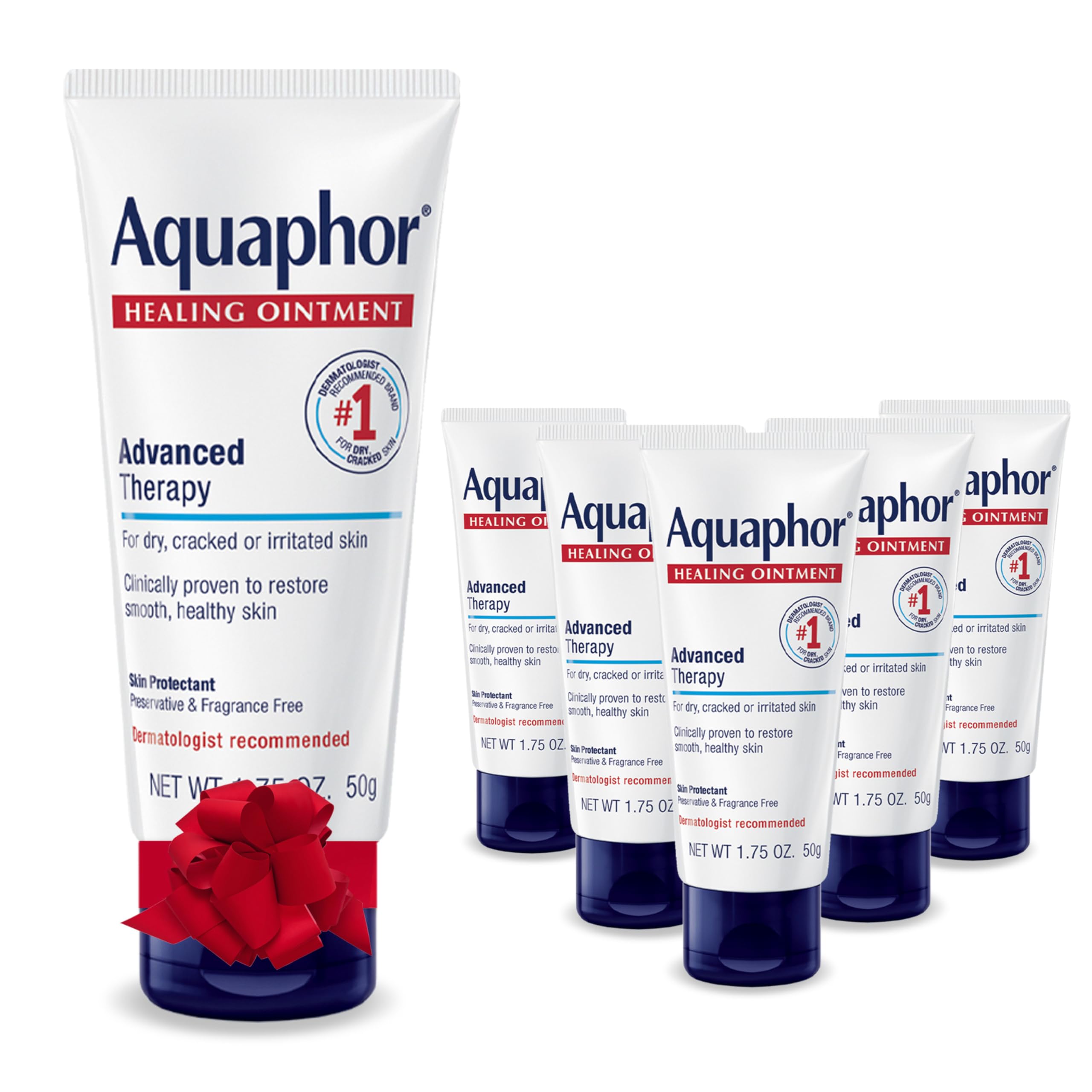Aquaphor Advanced Therapy Healing Ointment, Hypoallergenic, Fragrance Free Body Moisturizer for Dry Skin and Minor Wound Care, Travel Size Skin Care Set for Holiday Gifts, 1.75 Oz Tube, Pack of 6