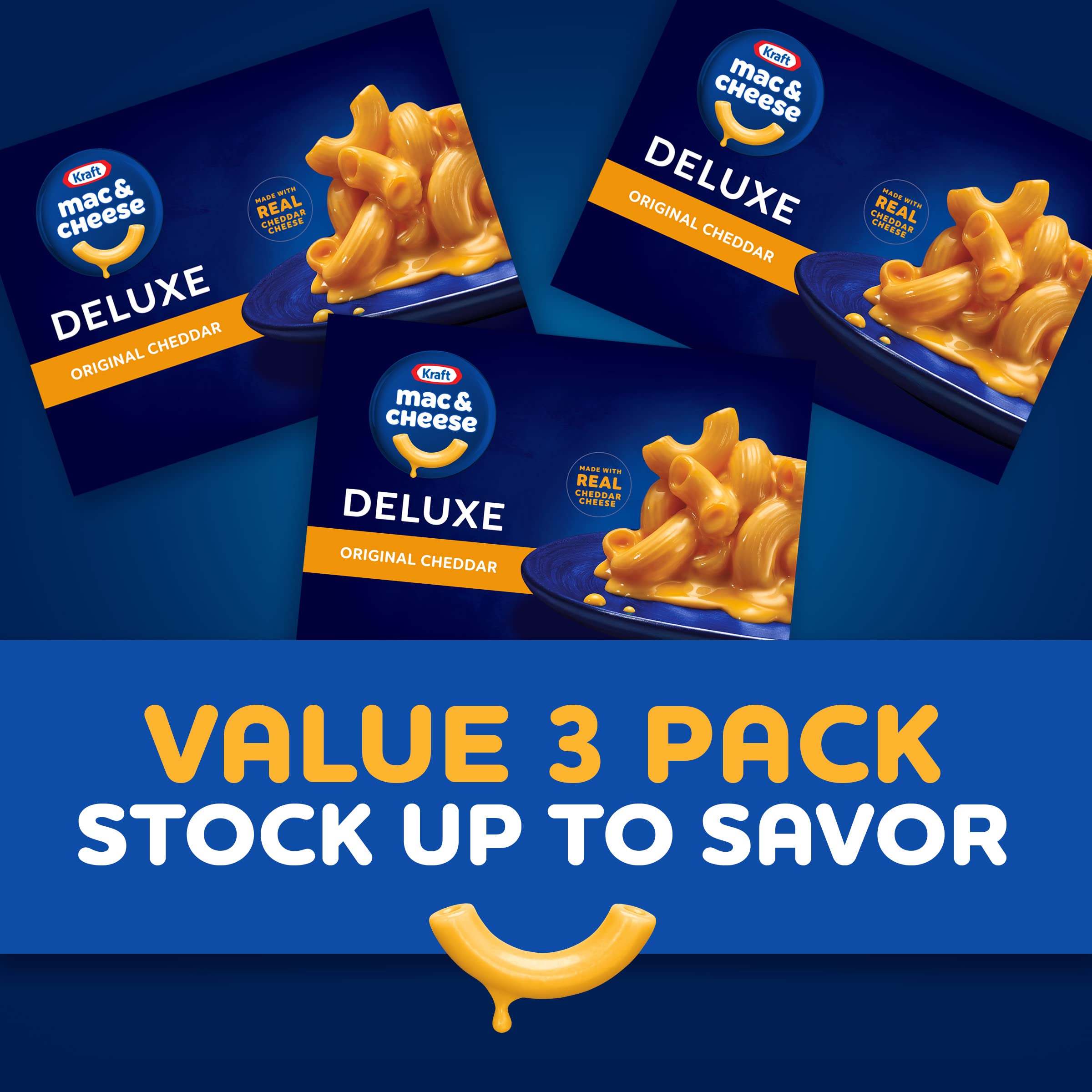 Kraft Deluxe Mac and Cheese, 3 Boxes, for Easy Dinner or Dinner Sides, Original Cheddar Flavor, No Artificial Flavors or Dyes, 14 oz