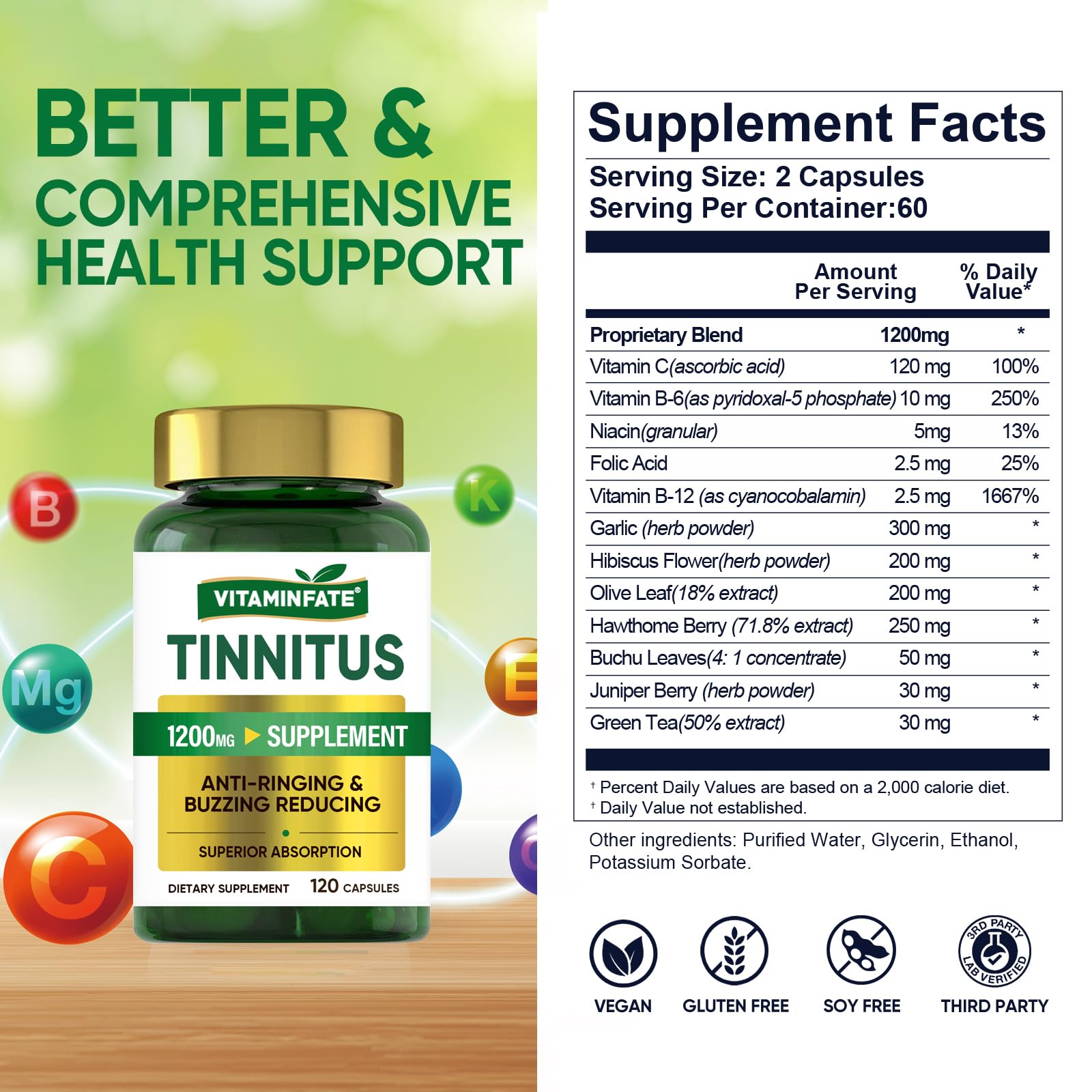 VITAMINFATE Tinnitus Relief for Ringing Ears Supplement 1200mg - 120 Capsules | Supports Ear Health and Reduces Tinnitus Symptoms