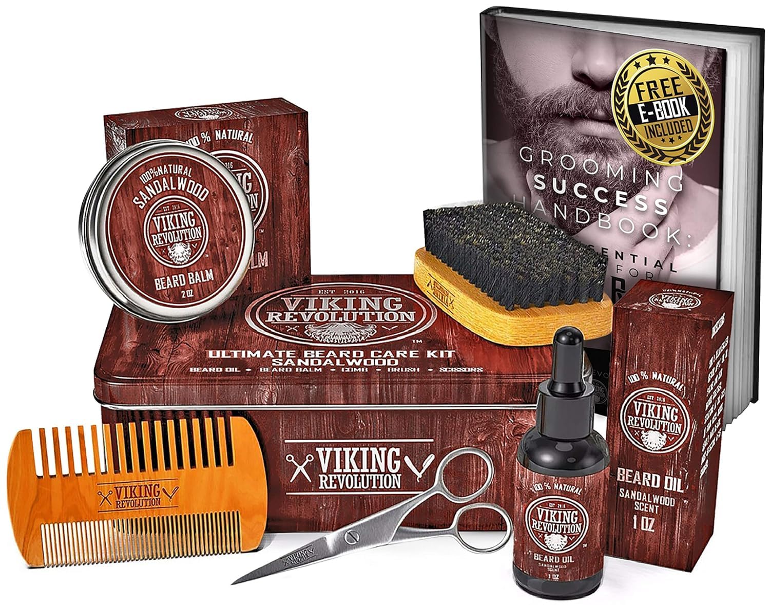 Viking Revolution Ultimate Grooming Kit for Men - Boar Brush, Wood Comb, Sandalwood Balm & Oil, Scissors for Beard & Mustache