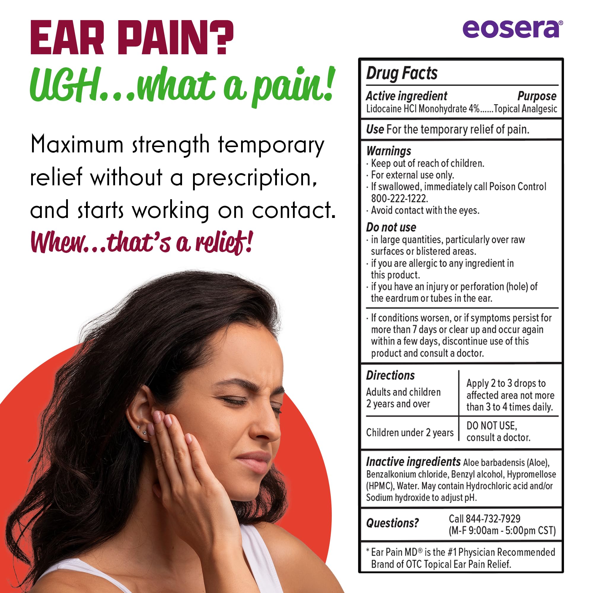 Eosera Ear Pain MD® - 4% Lidocaine Ear Drops for Maximum Strength Earache Pain Relief - Fast-Acting, Numbing Earache Treatment for Adults & Kids (5 mL)