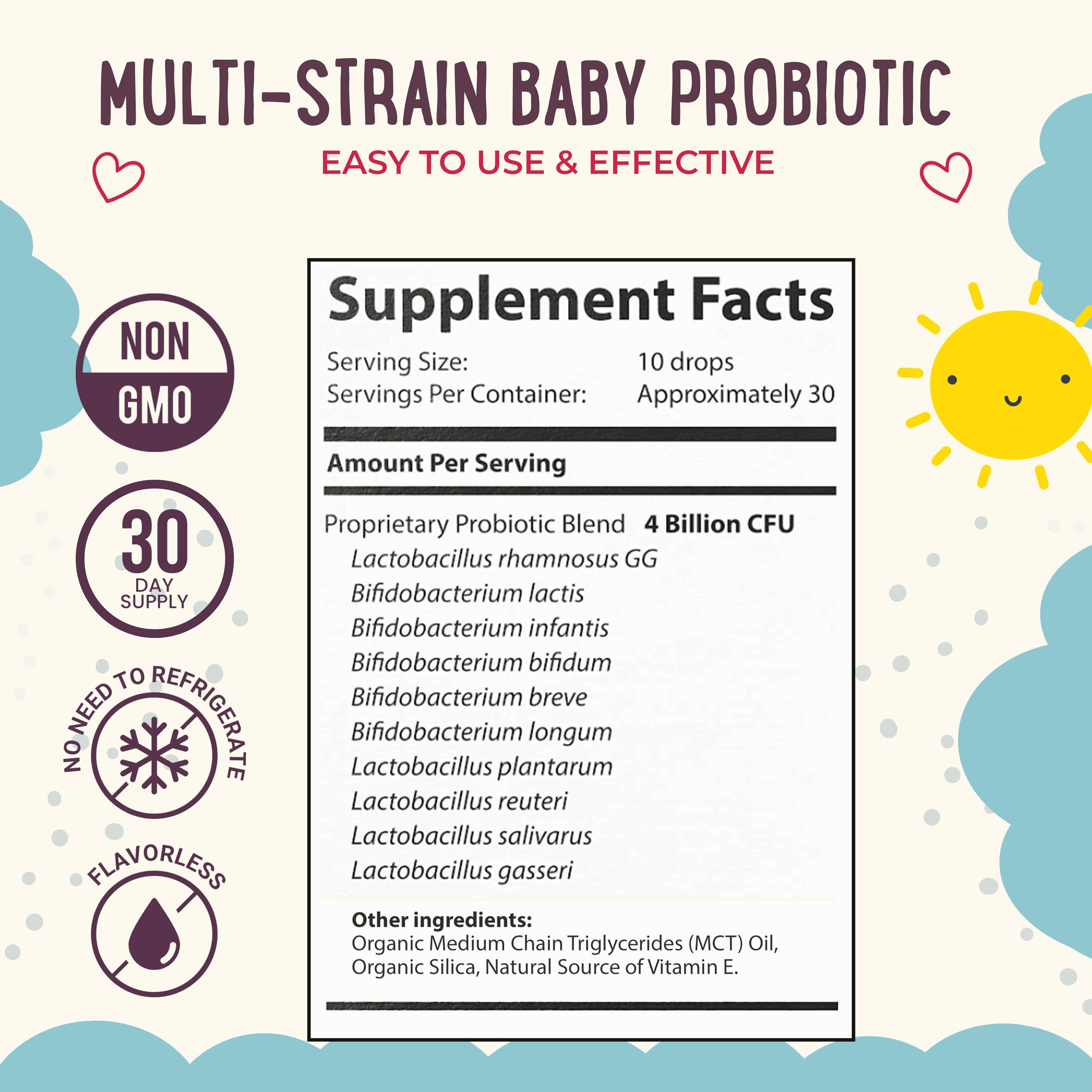 Mama Natural Baby Probiotic Drops | Pediatrician-Approved Infant Probiotic Colic Drops – Infant Gas, Constipation, Fussiness & Immune Support Supplement – 10 Strains & 4 Billion CFU with MCT Oil