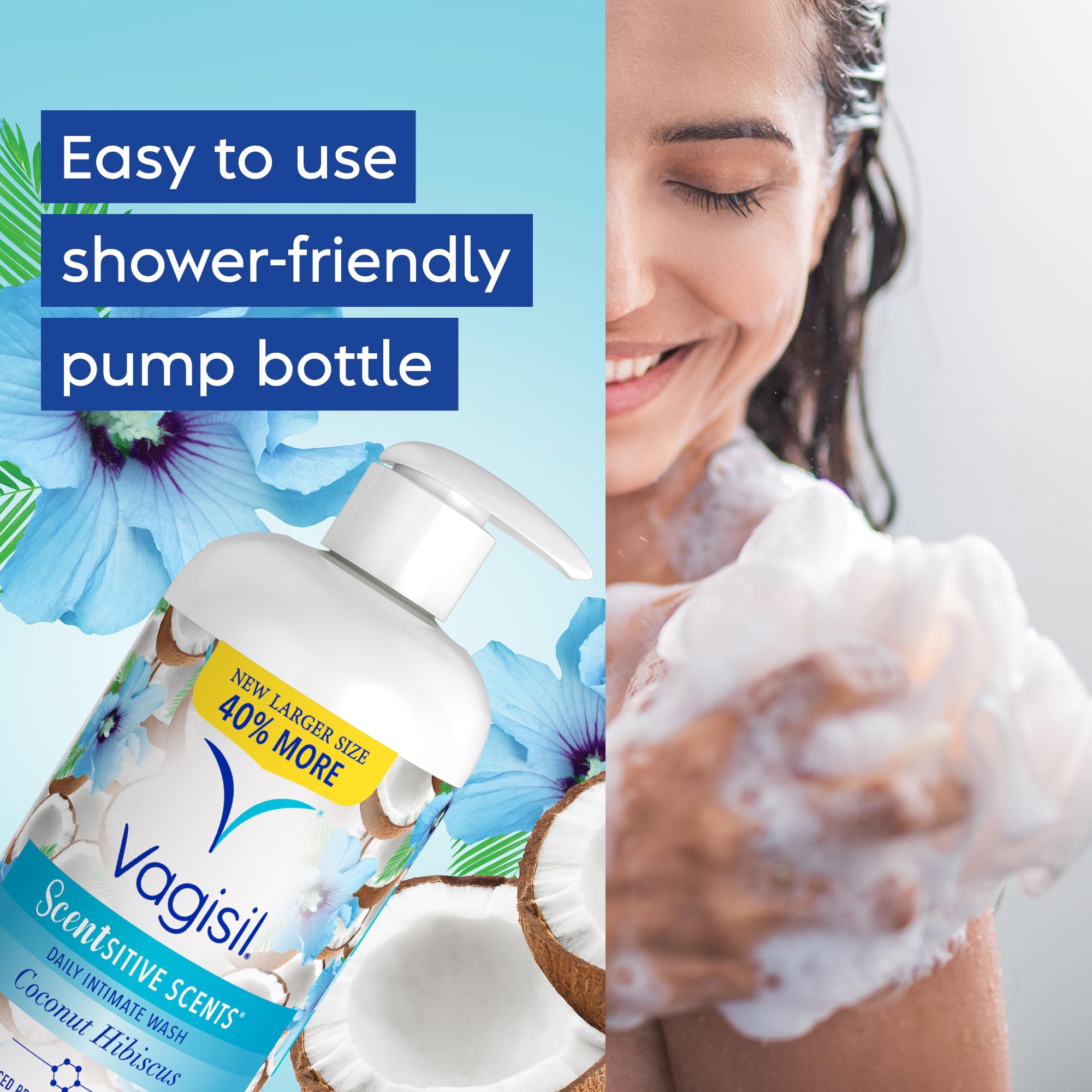 Vagisil Feminine Wash for Intimate Area Hygiene, Scentsitive Scents, pH Balanced and Gynecologist Tested, Coconut Hibiscus, 16.9 oz with Pump