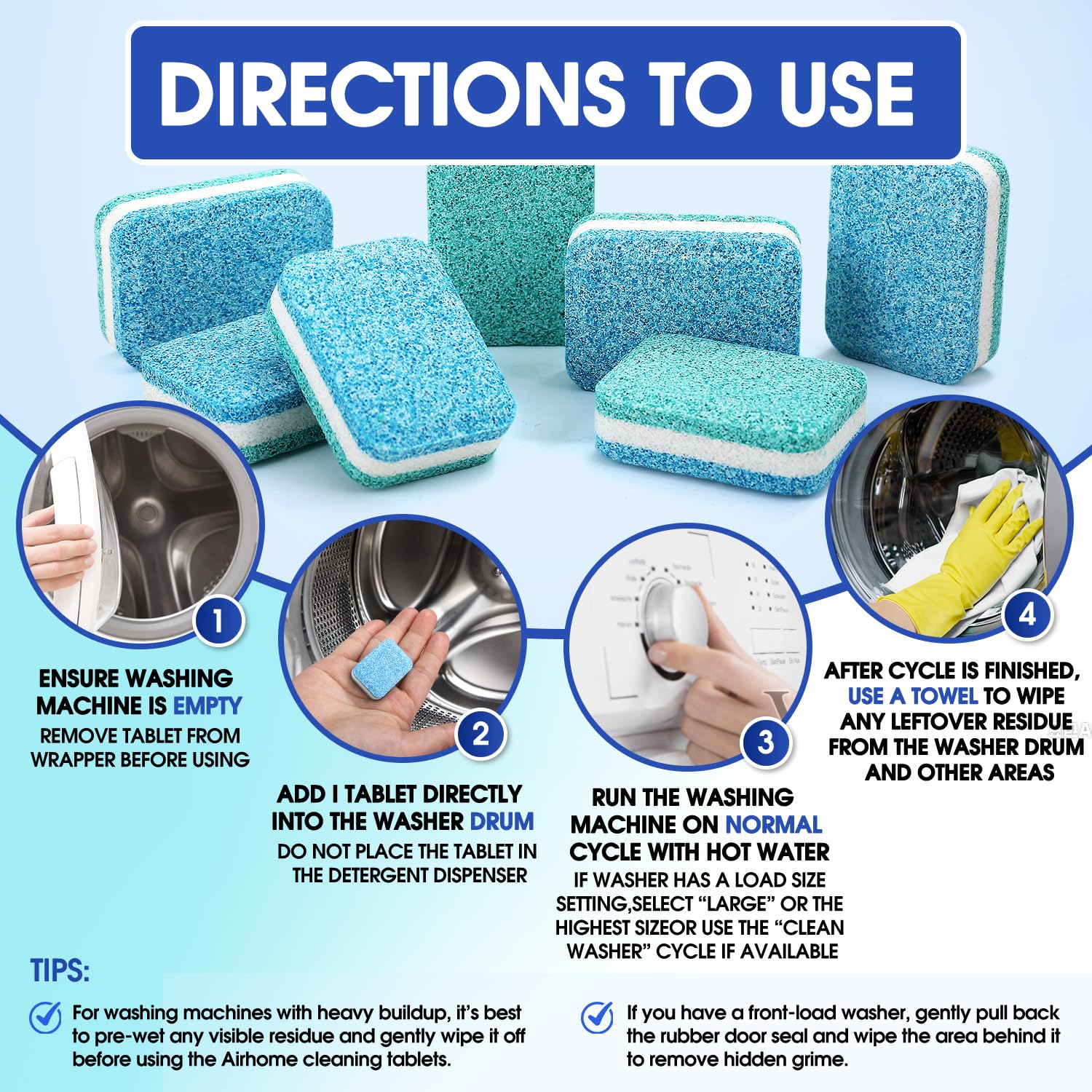 Airhome Washing Machine Cleaner Tablets - Deep-Cleaning Descaler for Front Load and Top Load Washers, Including HE, 30 Pack (15 Month Supply)