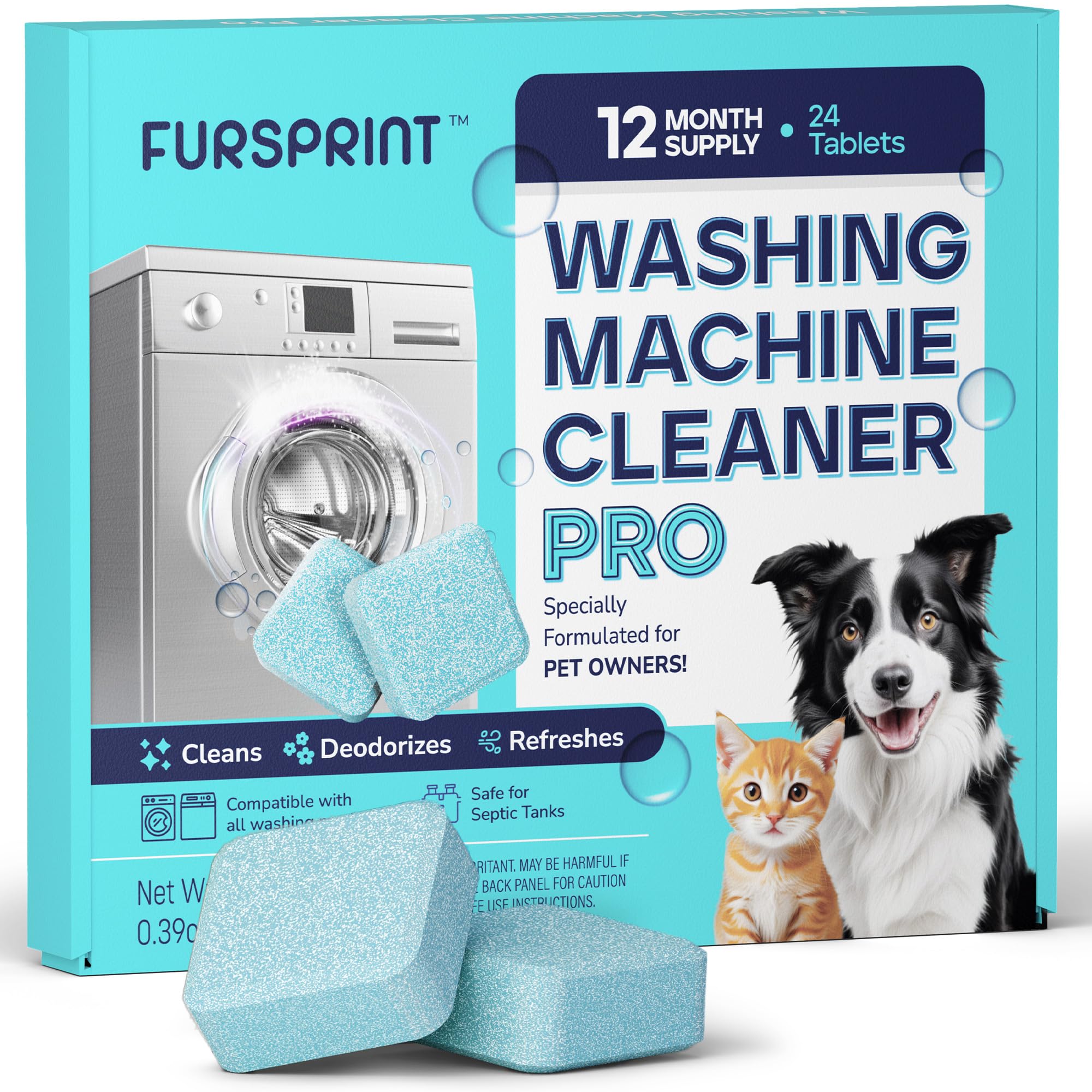 Fursprint Washing Machine Cleaner Tablets - 24 Pack for a 12 Month Supply. Formulated for Pet Owners. Compatible with HE, Top & Front Load. Easily Removes Residue, Grime. Value Brand by Uproot Clean
