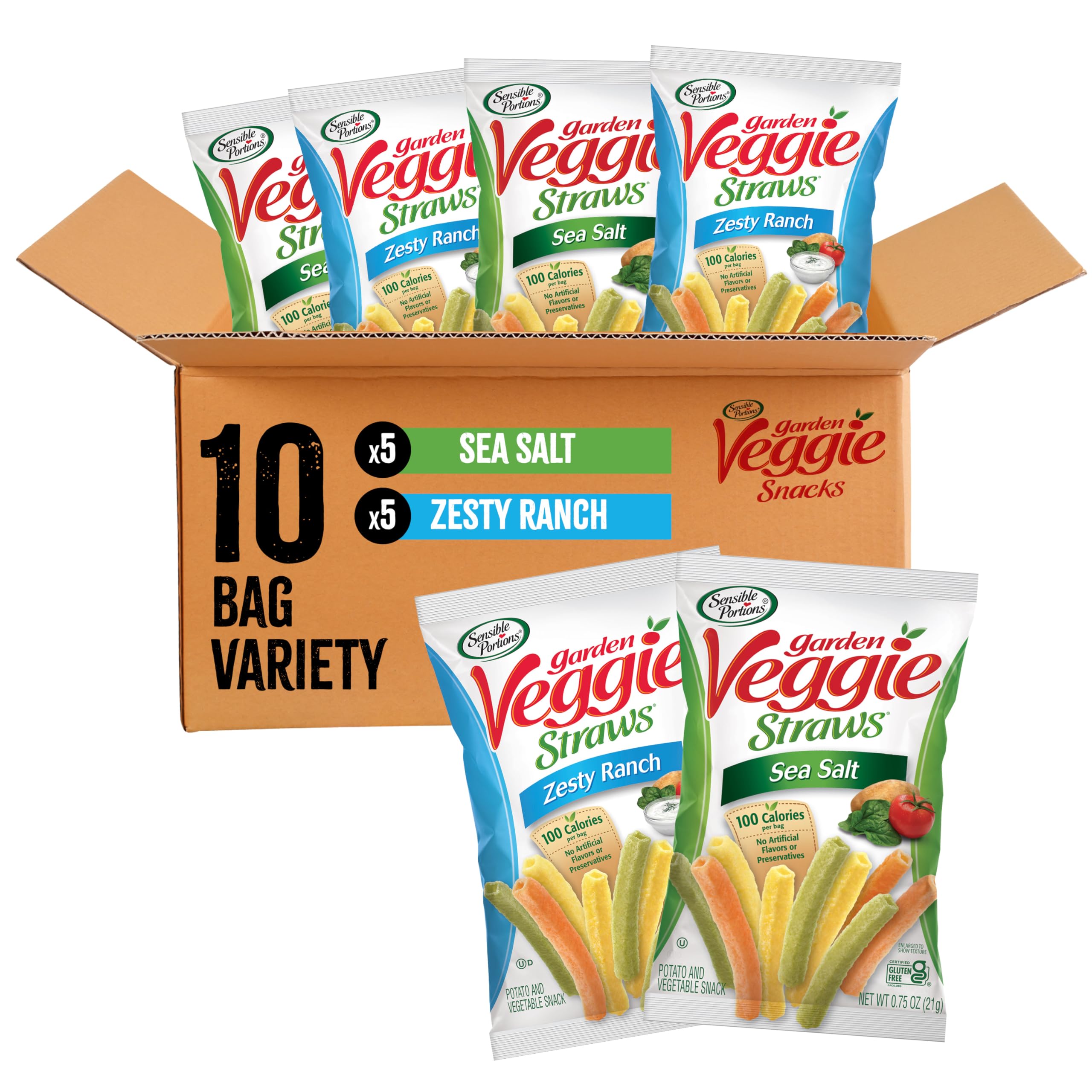 Sensible Portions Veggie Straws Multi-Pack, Sea Salt and Zesty Ranch Flavor, Gluten-Free Chips, Individual Snacks, 0.75 Ounce Bag, 10-Pack