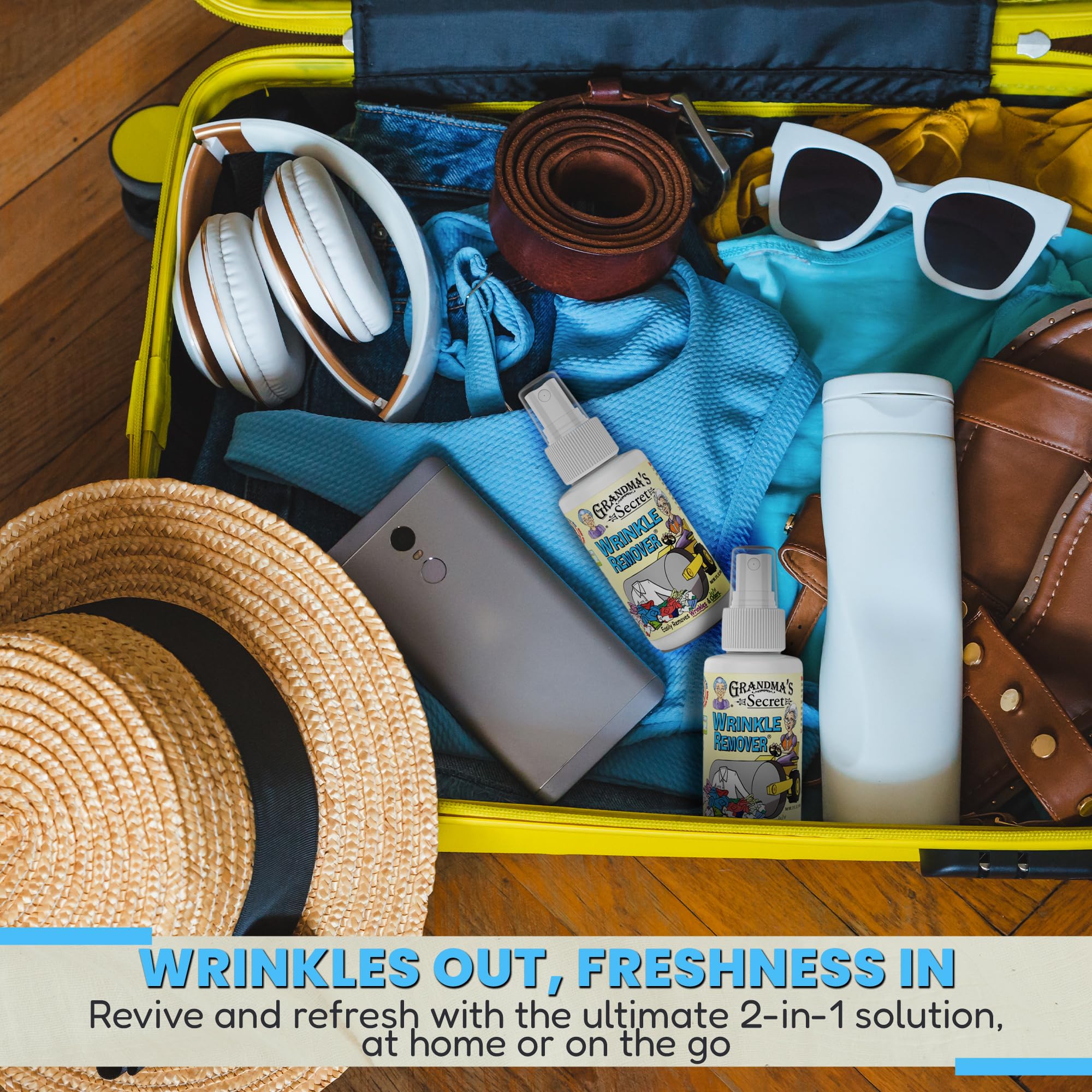 Grandma's Secret Wrinkle Remover - Wrinkle Release Spray, Odor Eliminator, and Fabric Refresher Spray - Chlorine and Bleach Free - 16 oz & 3 oz Travel Size Combo