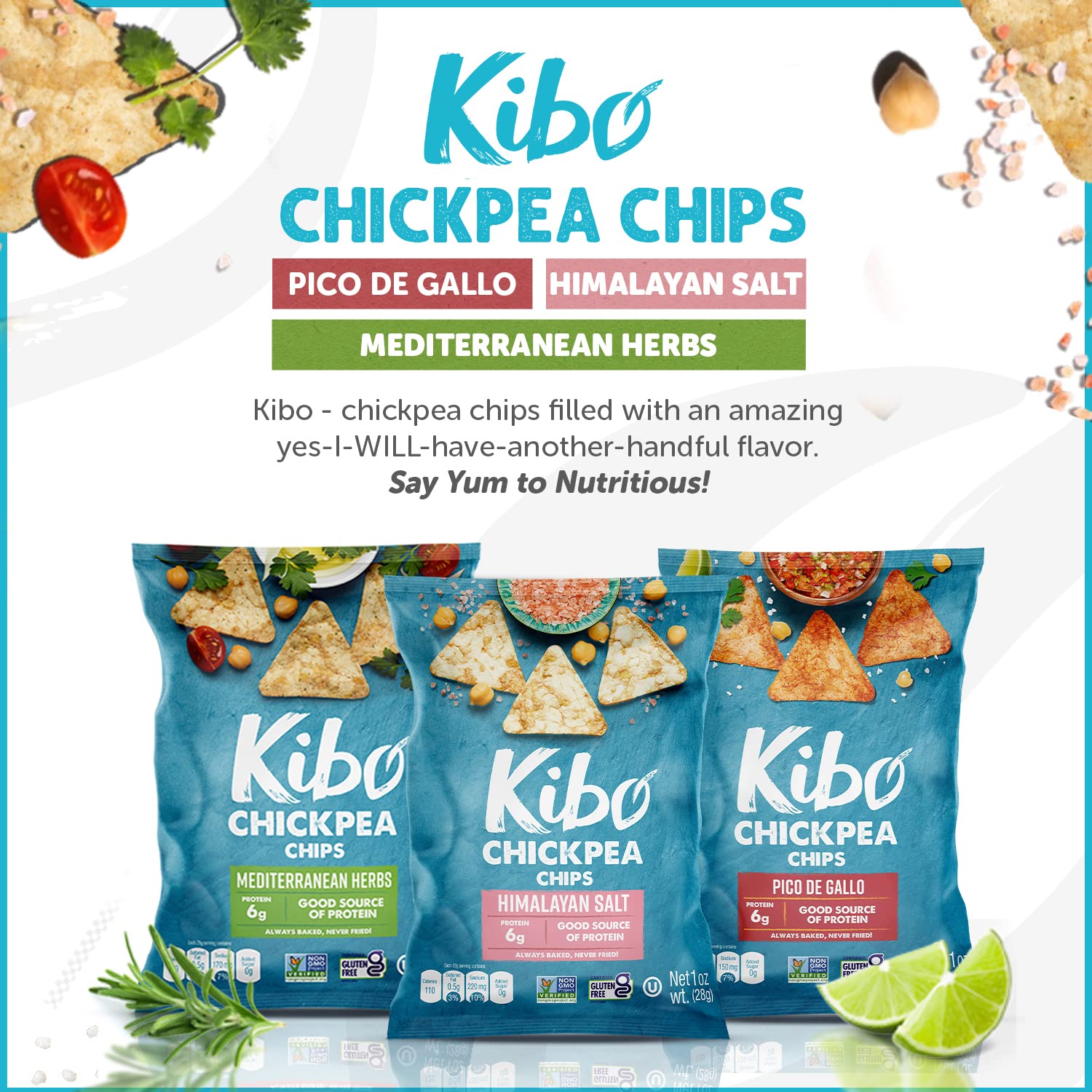 Kibo Chickpea Chips 3 Flavor Variety Pack - High Protein-Fiber, Plant-Based, Gluten-Free, Non-GMO, Vegan, Made with Real Veggies - 1 oz, 12 Pack