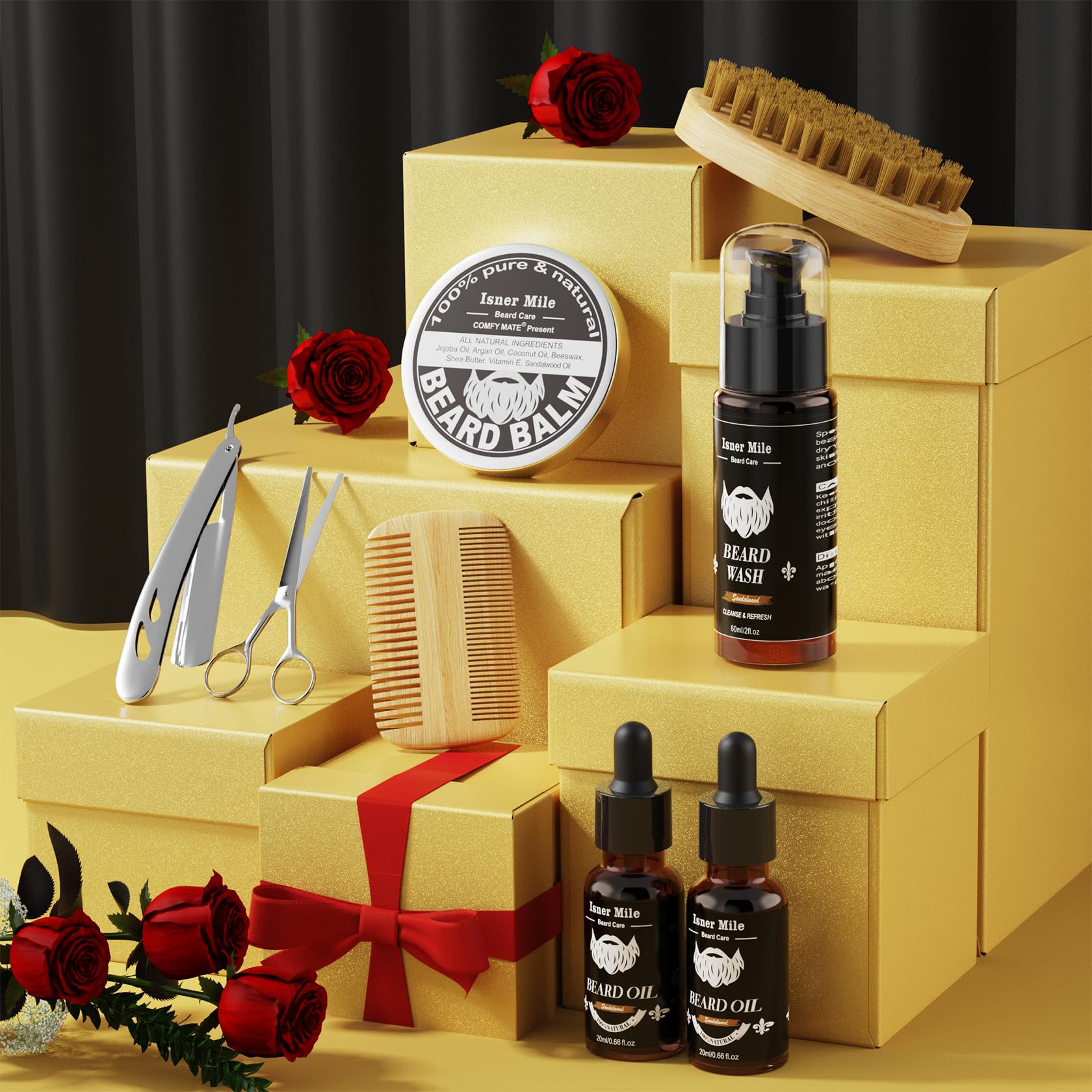 Isner Mile Beard Grooming Kit for Men Care: Trimming Sets with Beard Wash - Oil - Balm - Brush - Comb & Straight Razor, Birthday Christmas Gifts Mens Stocking Stuffers for Him Boyfriend Dad Husband